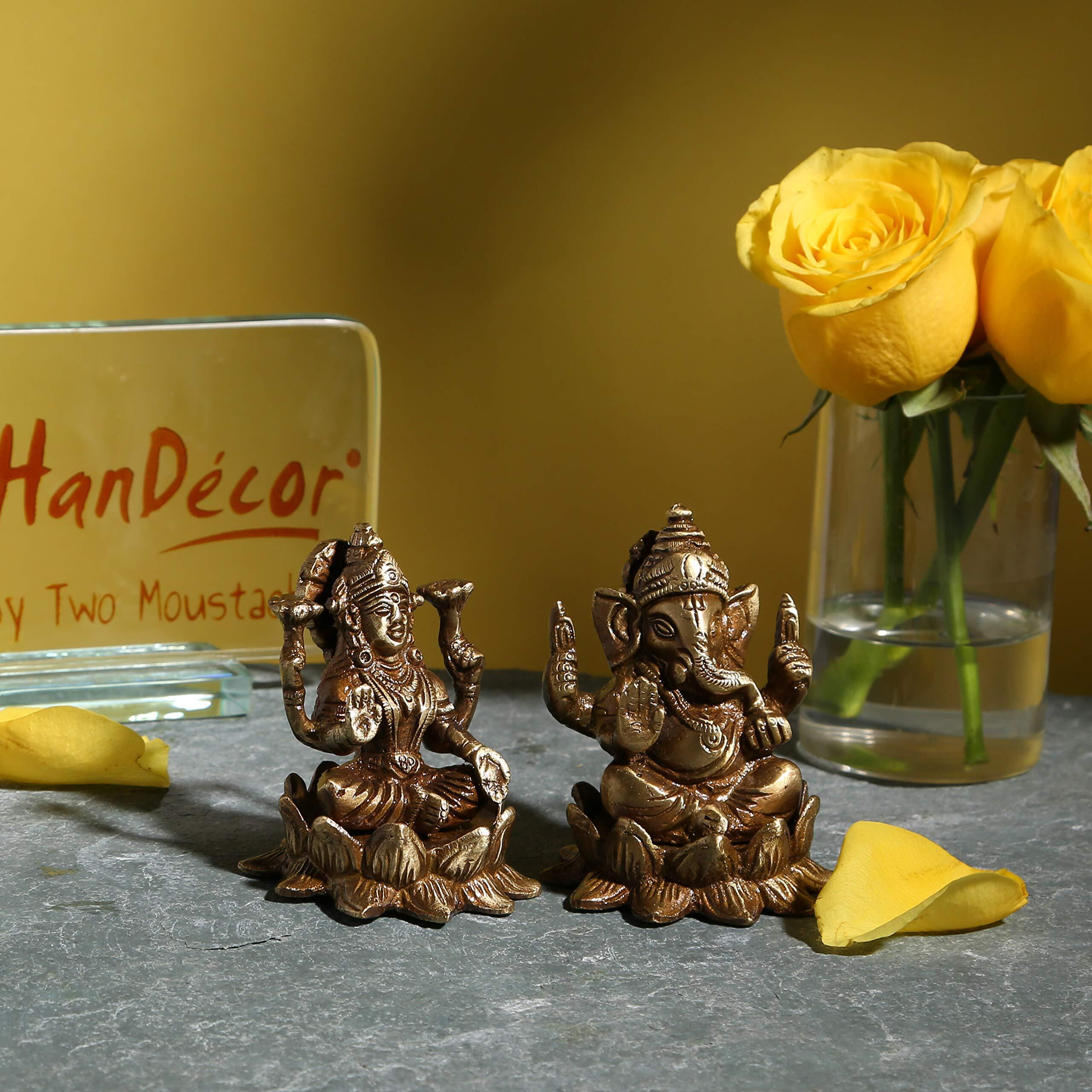 Two Moustaches Brass Laxmi Ganesh Idol Pair, Standard, Weight - 700 Grams Antique Brown, 2 Piece