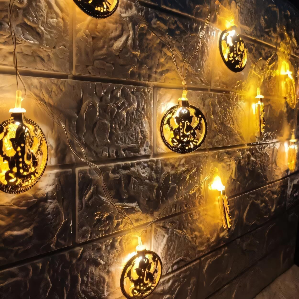 One94Store Ganesh Golden Metal String LED Light 10 LED 3 Meter Metal Fairy Lights for Diwali, Home Decoration Wall Hanging Light (Plug-in, Warm White)
