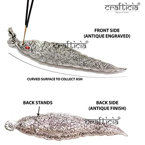 Crafticia Aluminum Incense Holder & Ash Catcher Agarbatti Stand Featuring Ganesh Figurine (9x2 inch) (Sillver, 5)