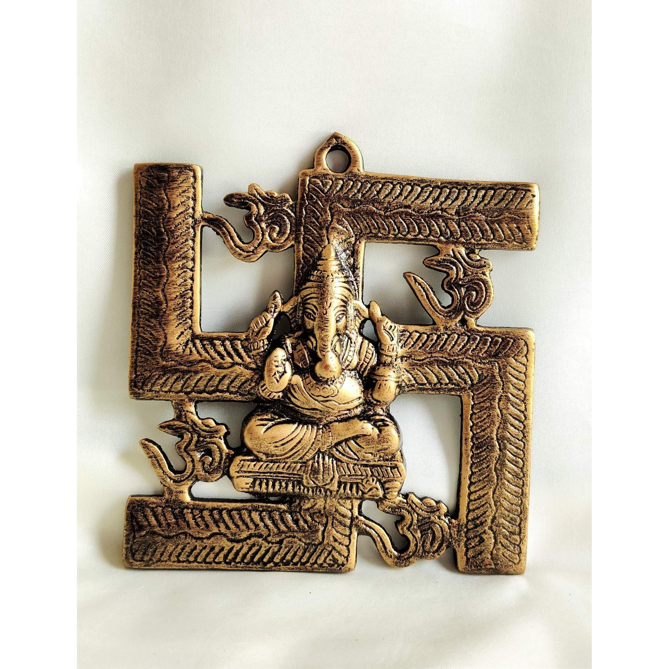 Akriti Brass Art Wares Aluminum Om Ganesh Swastik Wall Hanging For Entrance Door Living Room Temple Idol Pooja|Shubh Labh Copper Gold Gun Metal Statue