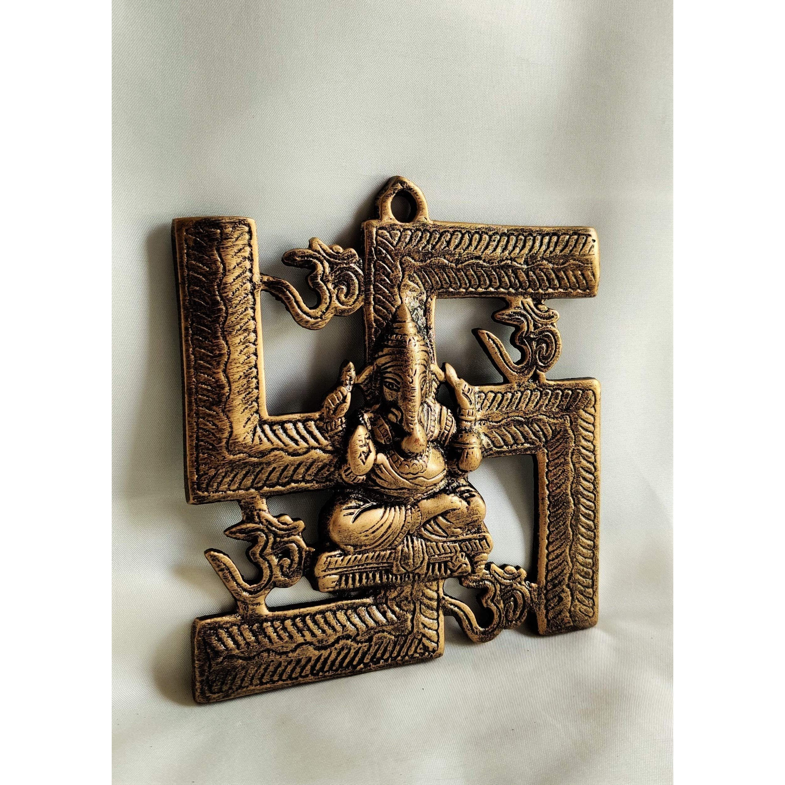 Akriti Brass Art Wares Aluminum Om Ganesh Swastik Wall Hanging For Entrance Door Living Room Temple Idol Pooja|Shubh Labh Copper Gold Gun Metal Statue