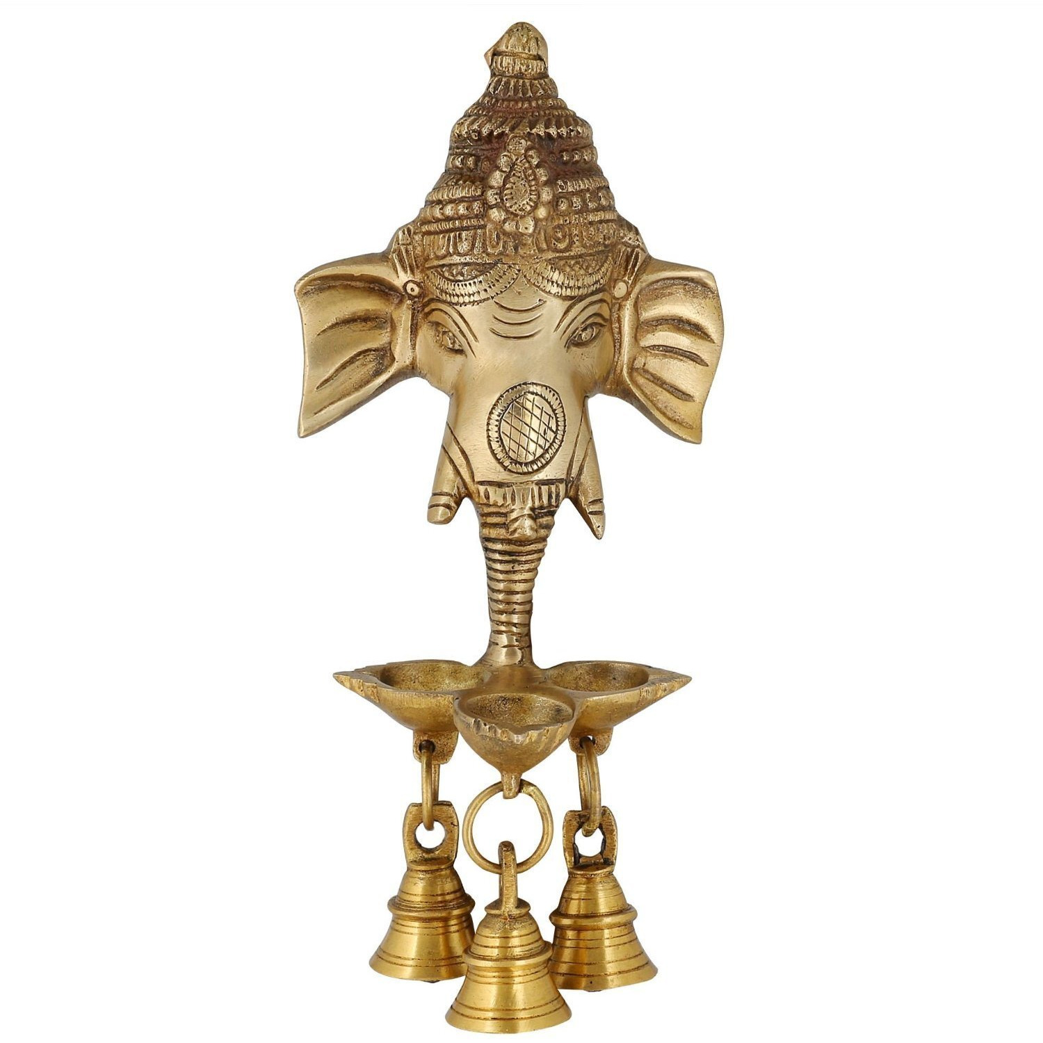 YES I CAN Antique Look Brass Statue/Idol Ganesh Wall Hanging with Diyas and Bells 9.5 Inch, Weight - 700 GMS