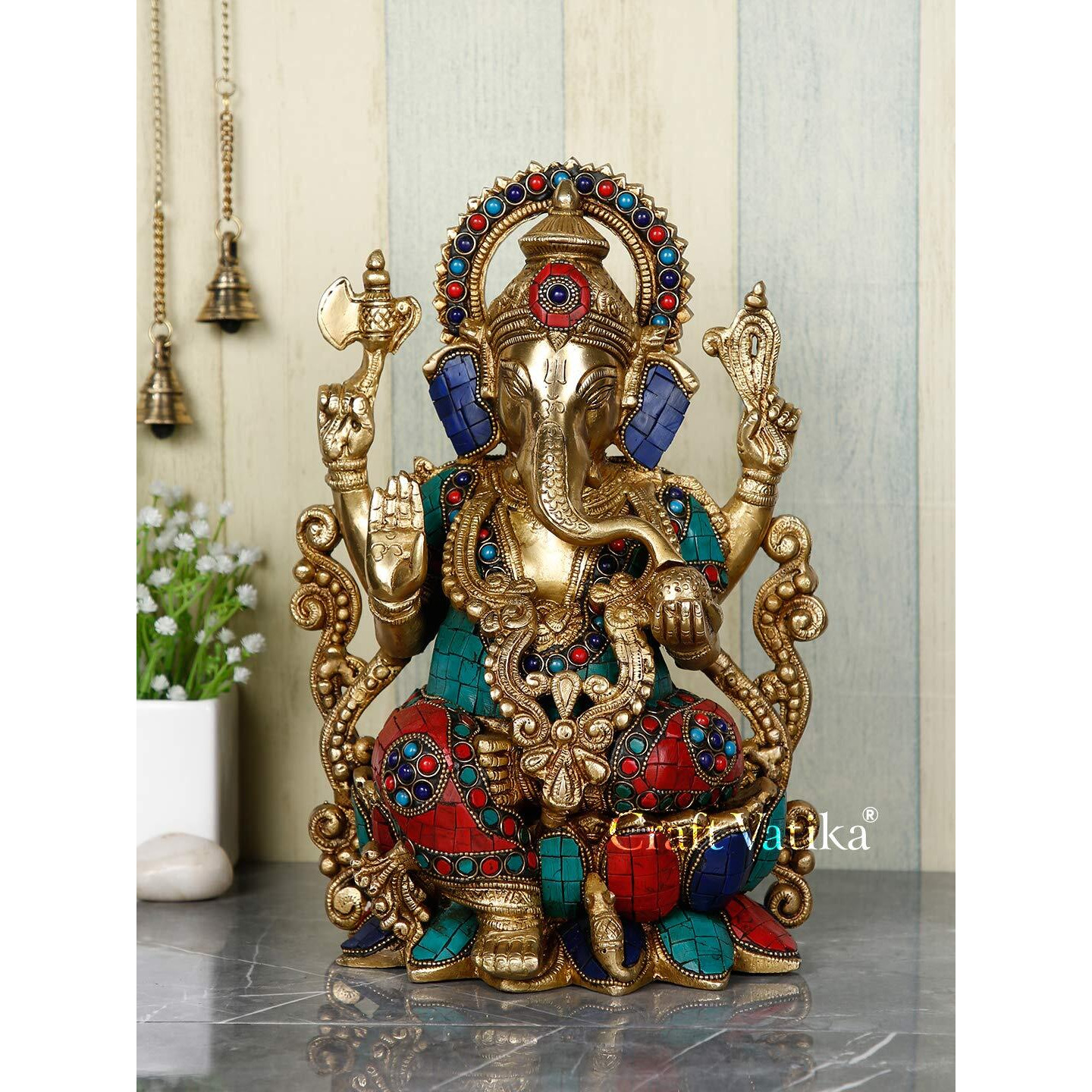 Collectible India Large Lotus Sitting Ganesha Brass Idol Good Luck God Deity Ganesh Statue -Ganesha Idol Sculptures 12.5 Inches Height