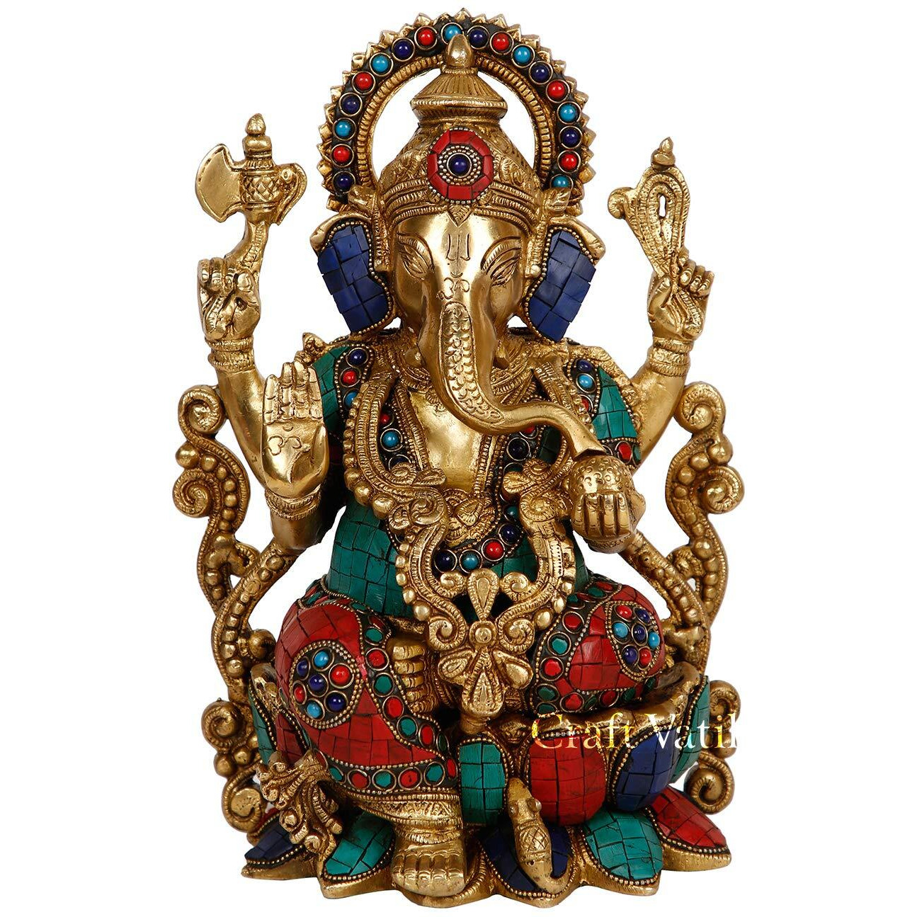 Collectible India Large Lotus Sitting Ganesha Brass Idol Good Luck God Deity Ganesh Statue -Ganesha Idol Sculptures 12.5 Inches Height
