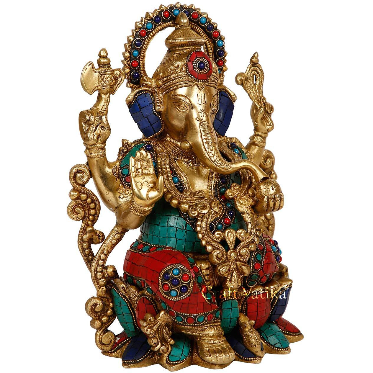 Collectible India Large Lotus Sitting Ganesha Brass Idol Good Luck God Deity Ganesh Statue -Ganesha Idol Sculptures 12.5 Inches Height