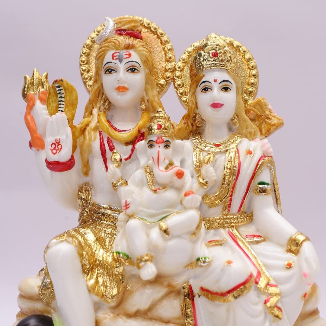 S patnaik Gold Plated Shiv Parvati Murti Cultured Marble Statue for Home Mandir Pooja Room Office Gift | Shiv Parvati Idol Ganesh Family Statue Standard Size (8 Inch, Multicolor)