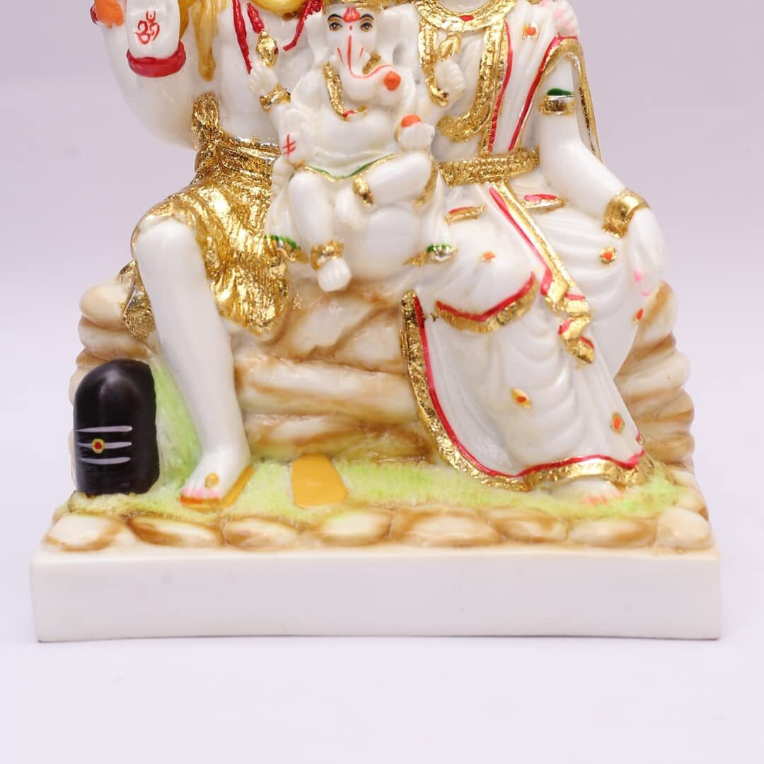 S patnaik Gold Plated Shiv Parvati Murti Cultured Marble Statue for Home Mandir Pooja Room Office Gift | Shiv Parvati Idol Ganesh Family Statue Standard Size (8 Inch, Multicolor)