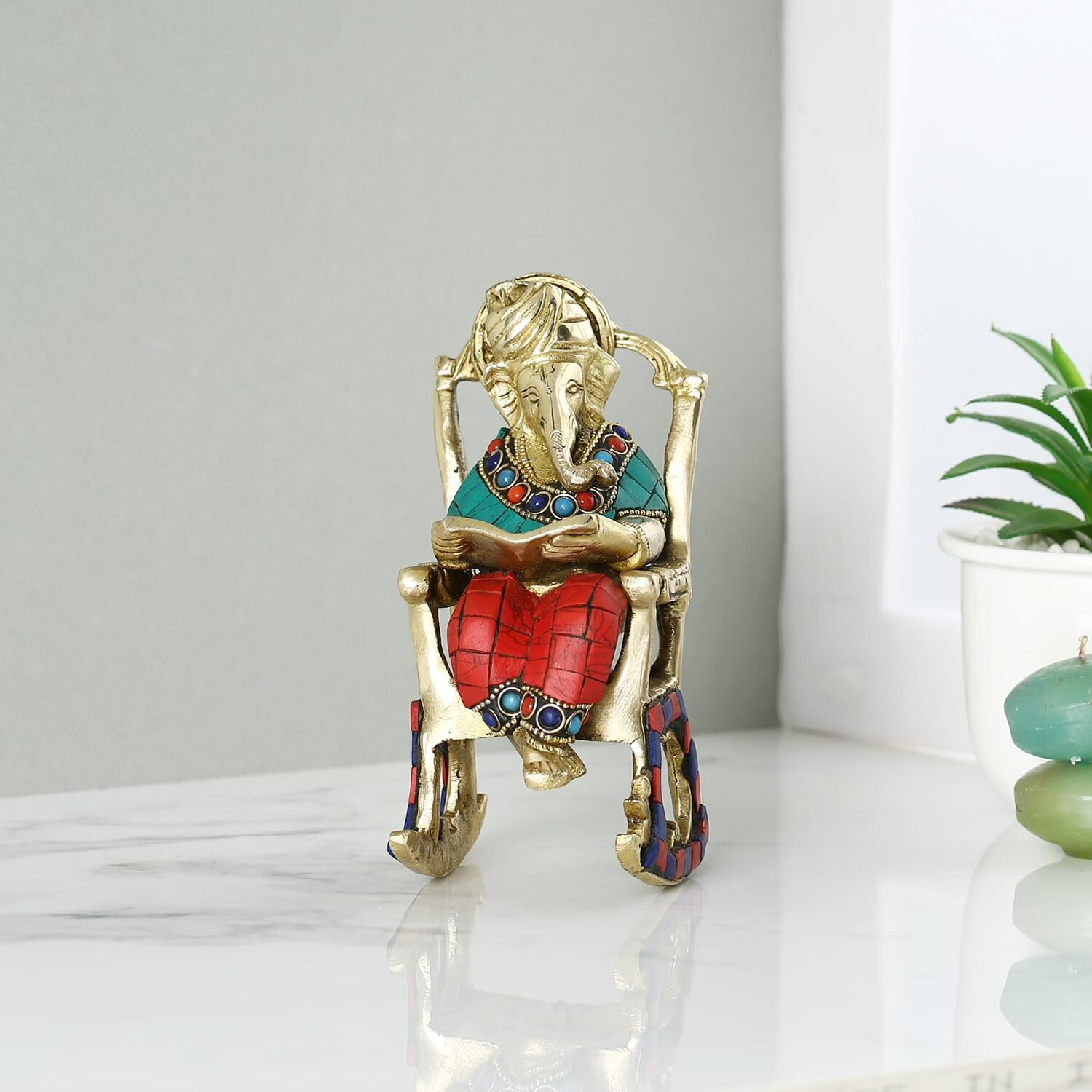 Collectible India Brass Ganesh Sitting On Chair Sculpture, 6 Inches Height, Multicolour, (GTS190)