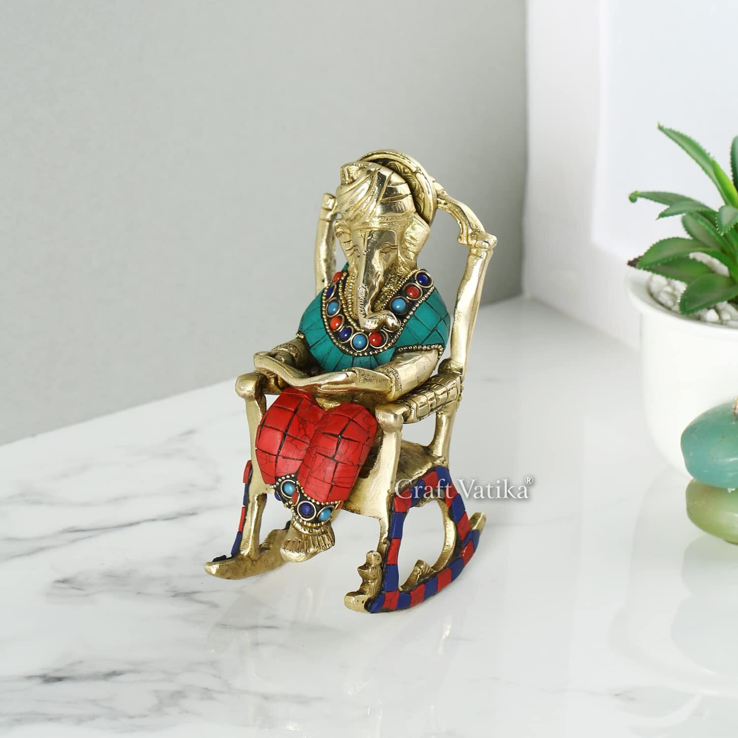 Collectible India Brass Ganesh Sitting On Chair Sculpture, 6 Inches Height, Multicolour, (GTS190)