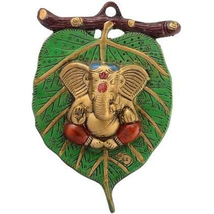 Fashion Bizz Metal Design Lord Ganesha on Leaf/Patta Wall Hanging Showpiece for Home Decor | Ganesh in Red Dhoti Wall Hanging Leaf Patta Decoration Item