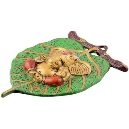 Fashion Bizz Metal Design Lord Ganesha on Leaf/Patta Wall Hanging Showpiece for Home Decor | Ganesh in Red Dhoti Wall Hanging Leaf Patta Decoration Item