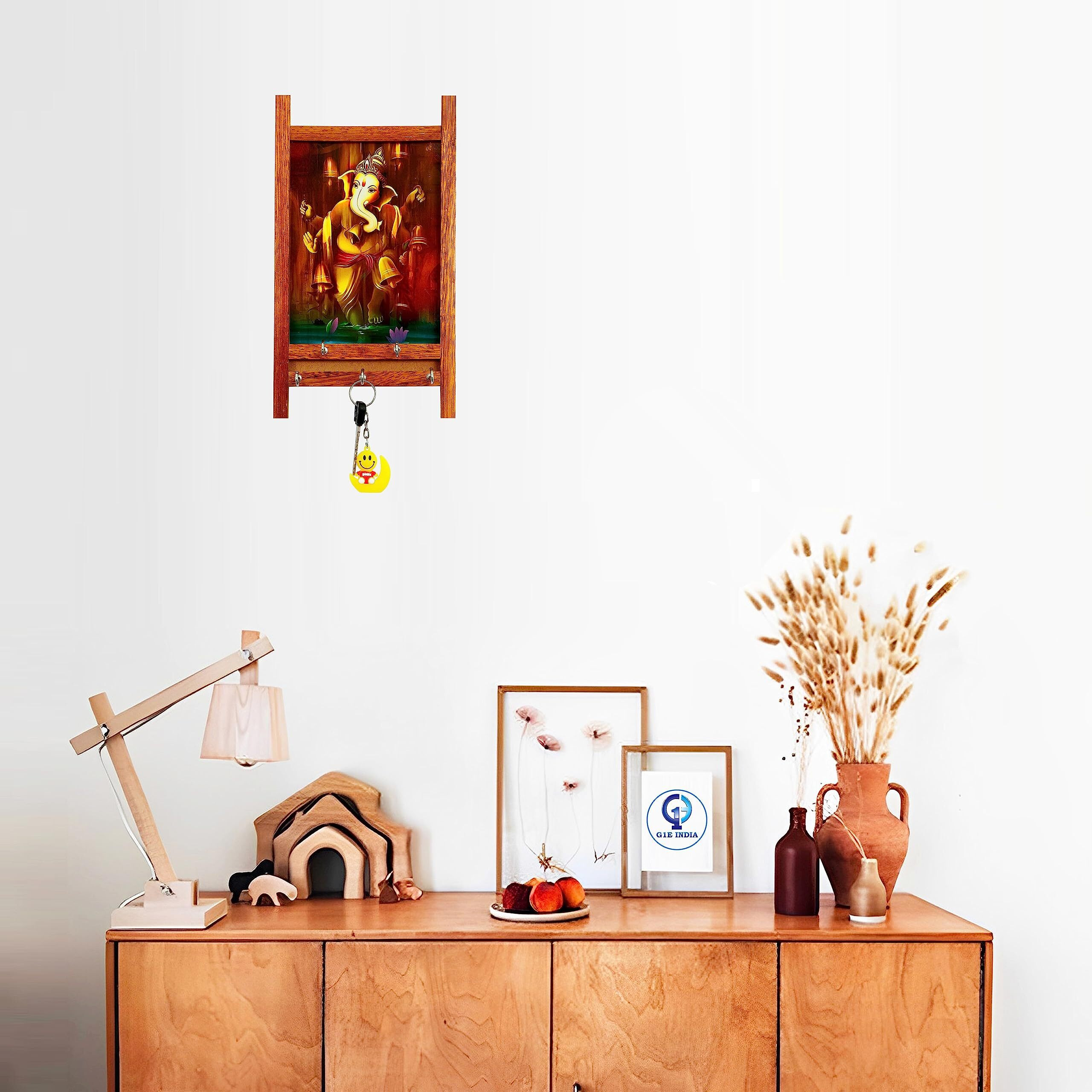G1E Handcrafted Wooden Decorative Lord Ganesh/Ganapati/Vinayagar/Pillaiyar Art Key Holders for Home and Office with 5 Hooks and Wall Hanging Screws. (Gold, Frame Style H / 15x25.5 Cms)