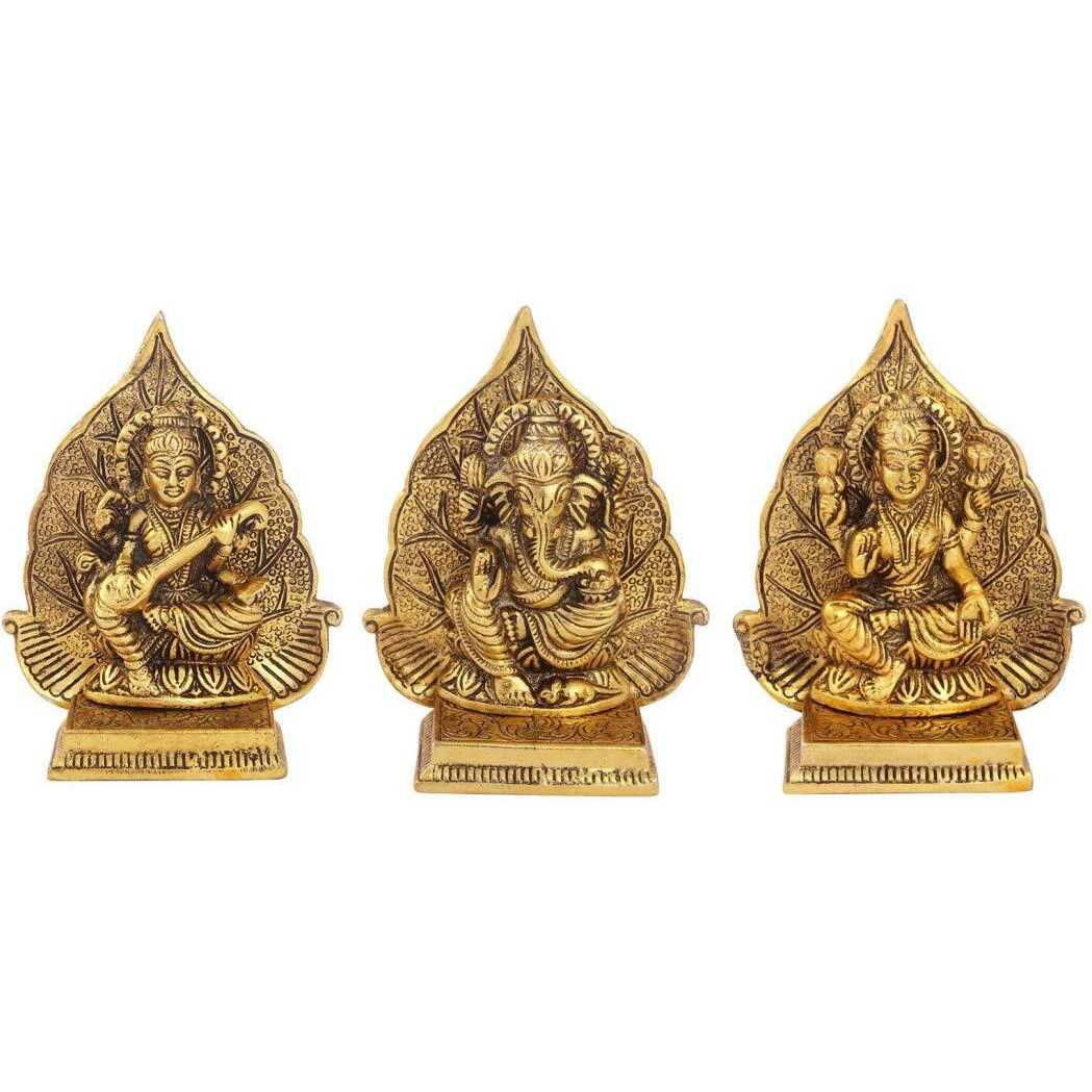 Handicrafts Paradise Metal Antique Golden Finish Lakshmi Ganesh and Saraswati Ji with Leaf Backdrop, 4 x 2 x 5 inch, 3 Piece