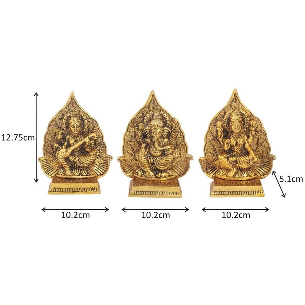 Handicrafts Paradise Metal Antique Golden Finish Lakshmi Ganesh and Saraswati Ji with Leaf Backdrop, 4 x 2 x 5 inch, 3 Piece