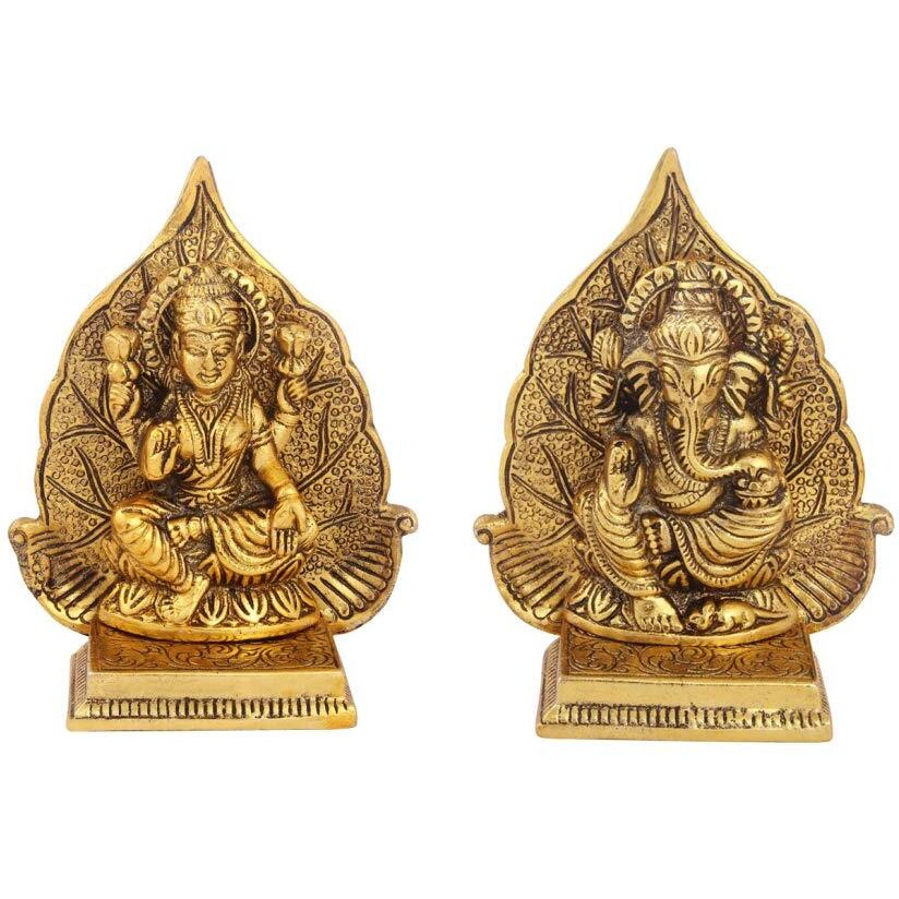 Handicrafts Paradise Antique Gold Plated Metal Lakshmi Ganesh Pair with Leaf Background, 5 inch, 2 Piece