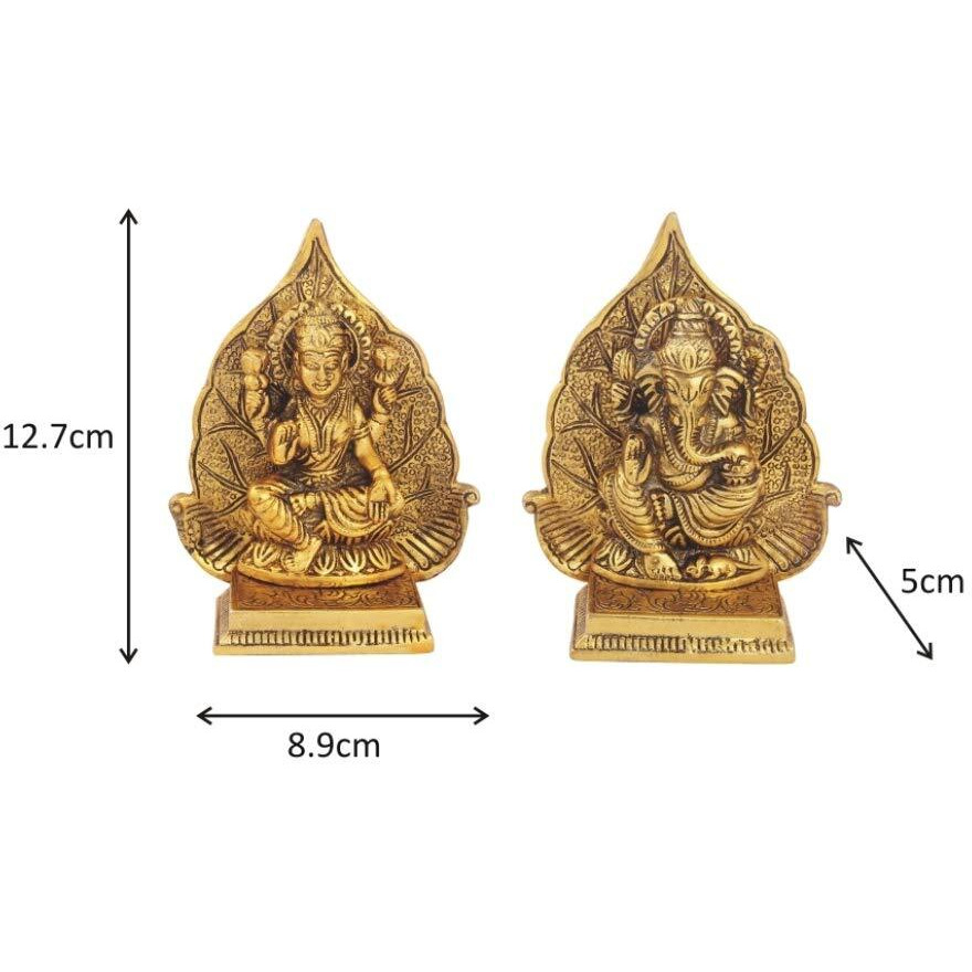 Handicrafts Paradise Antique Gold Plated Metal Lakshmi Ganesh Pair with Leaf Background, 5 inch, 2 Piece