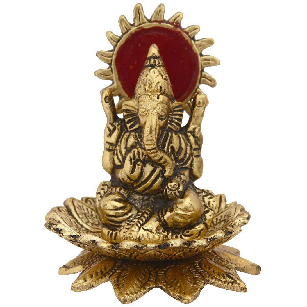 Handicrafts Paradise Metal Lord Ganesh Seated On A Flower with A Halo Carved in Antique Golden Finish Showpiece 4.25 Inches