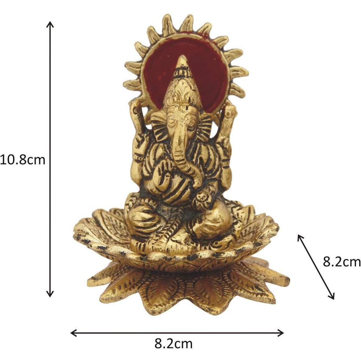 Handicrafts Paradise Metal Lord Ganesh Seated On A Flower with A Halo Carved in Antique Golden Finish Showpiece 4.25 Inches