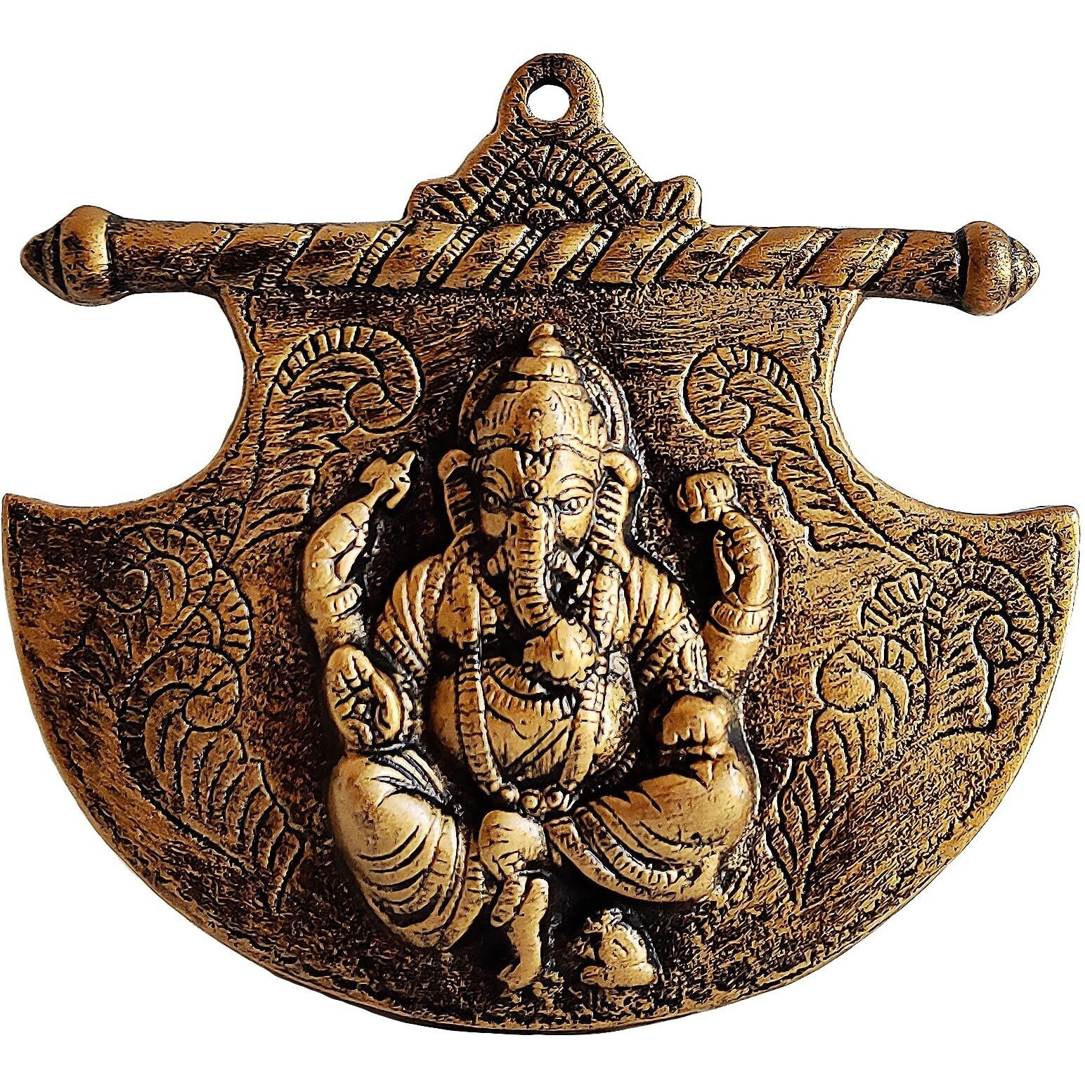 Akriti Brass Metal Lord Ganesha On Fan, Ganesh Wall Hanging For Entrance Door, Living Room, Decorative Wall dcor Metal Wall hanging showpiece(L*B*H - 20CM*2CM*18CM), Made In India