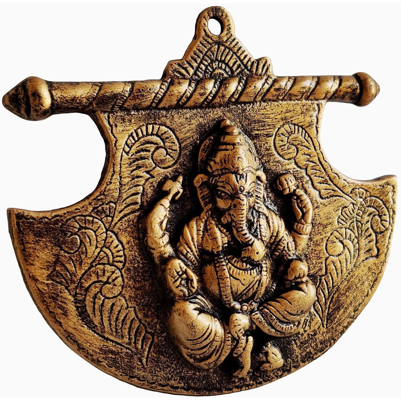 Akriti Brass Metal Lord Ganesha On Fan, Ganesh Wall Hanging For Entrance Door, Living Room, Decorative Wall dcor Metal Wall hanging showpiece(L*B*H - 20CM*2CM*18CM), Made In India