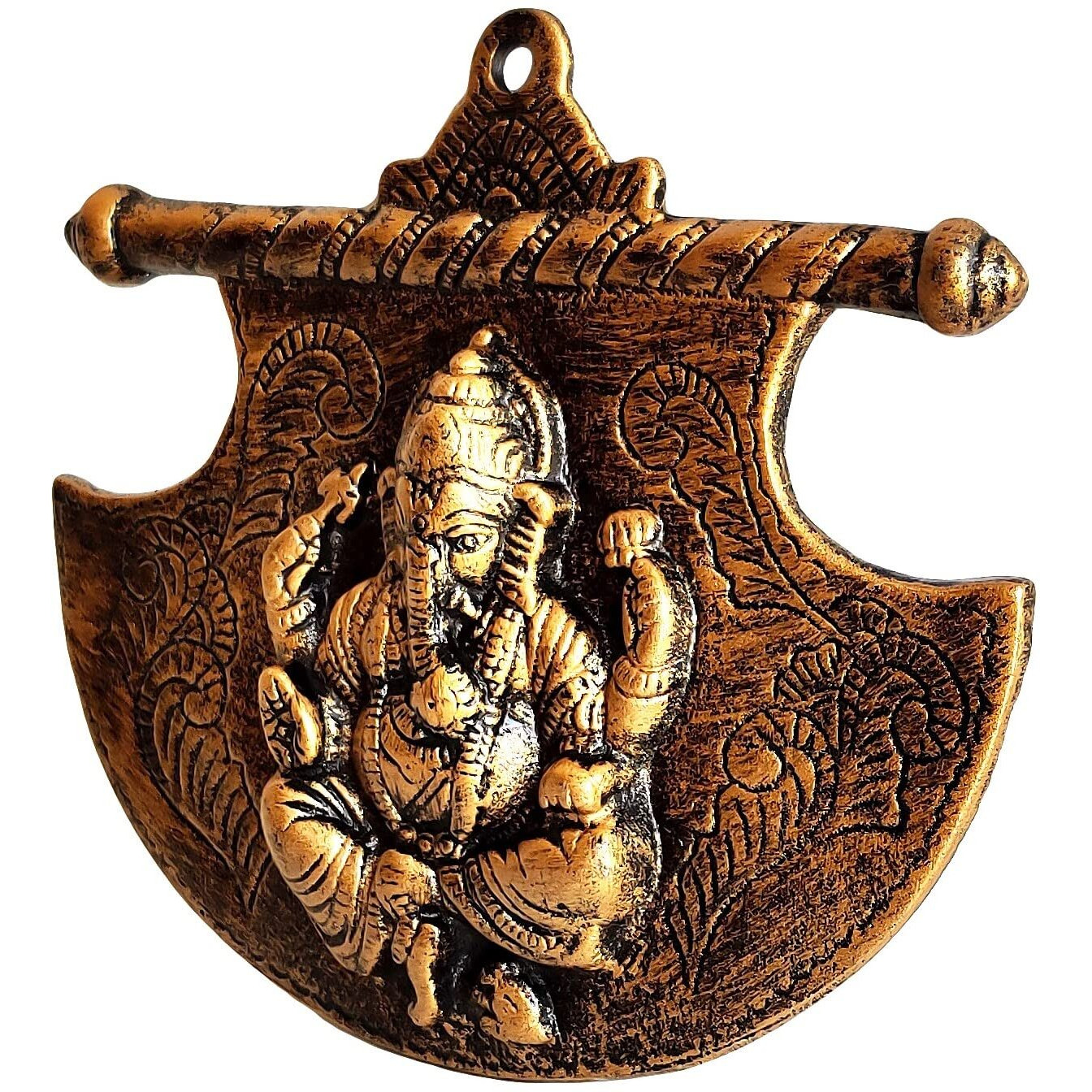 Akriti Brass Metal Lord Ganesha On Fan, Ganesh Wall Hanging For Entrance Door, Living Room, Decorative Wall dcor Metal Wall hanging showpiece(L*B*H - 20CM*2CM*18CM), Made In India