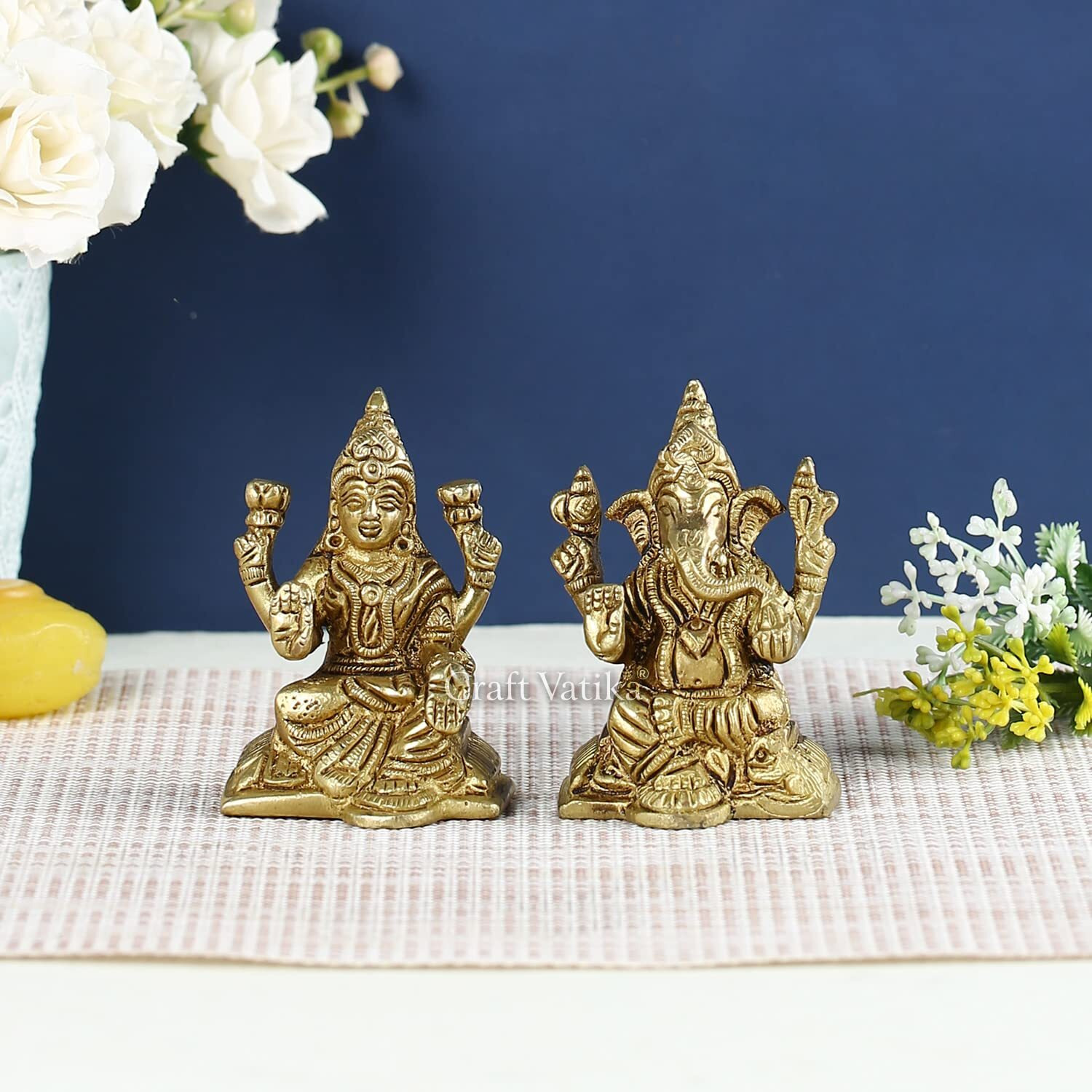 Collectible India Brass Lakshmi Ganesha Idol Handmade Religious Goddess Laxmi Ganesh Sculpture Diwali Puja Murti Gift