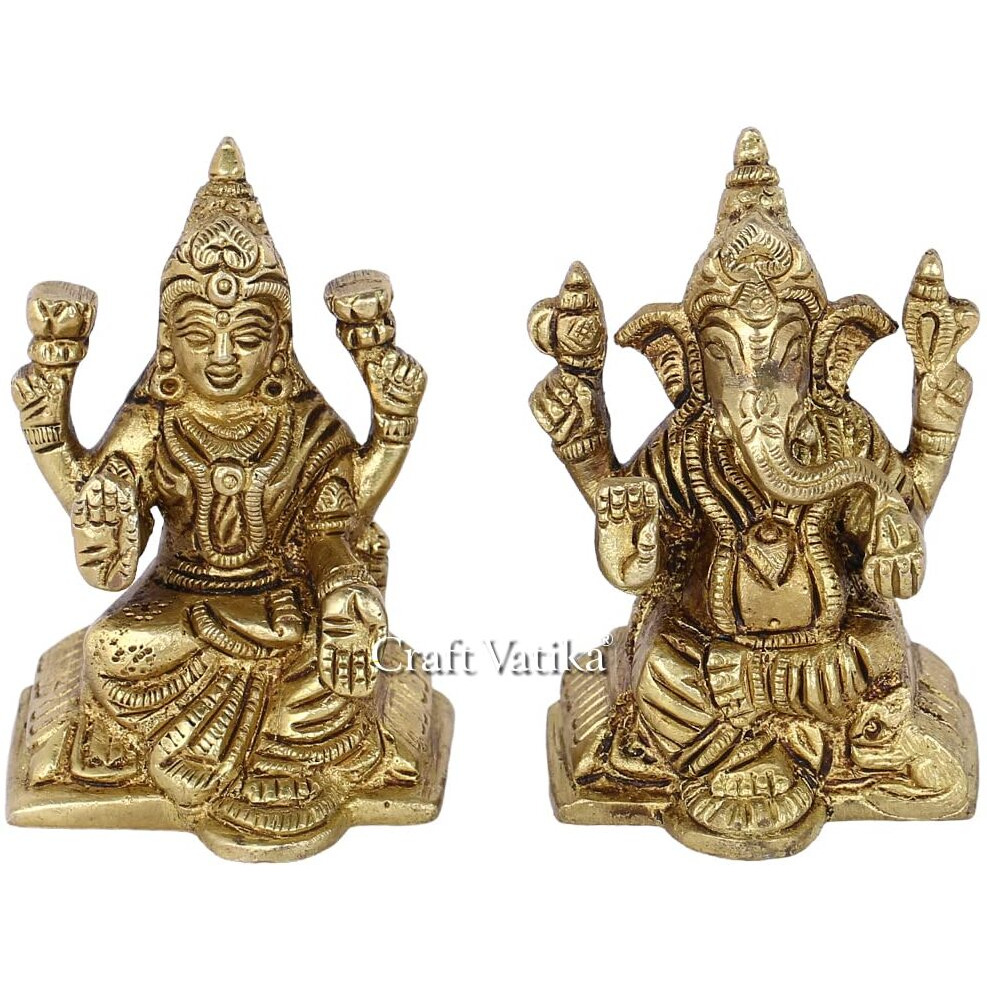 Collectible India Brass Lakshmi Ganesha Idol Handmade Religious Goddess Laxmi Ganesh Sculpture Diwali Puja Murti Gift
