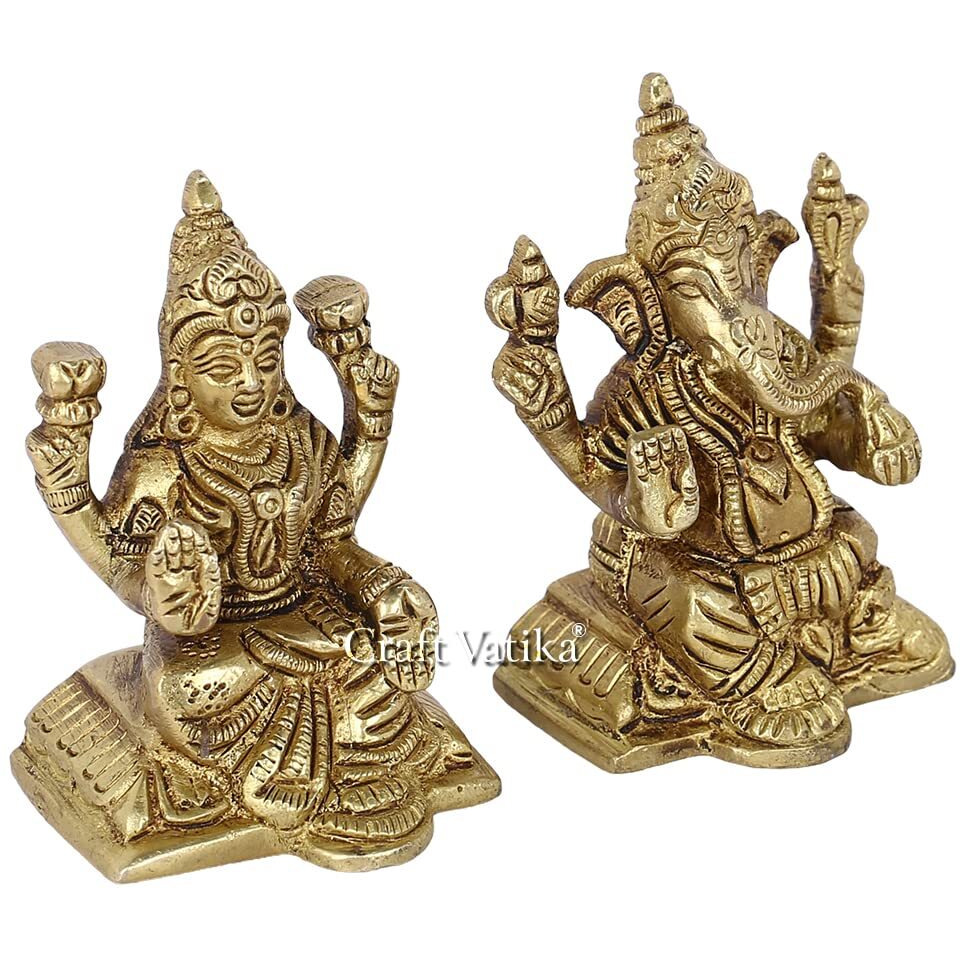 Collectible India Brass Lakshmi Ganesha Idol Handmade Religious Goddess Laxmi Ganesh Sculpture Diwali Puja Murti Gift