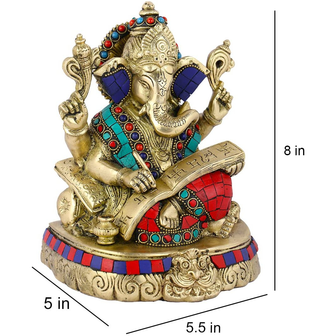 Collectible India Brass Shubh Labh Writing Ganesh Idol, 8 Inches Height, Multicolour