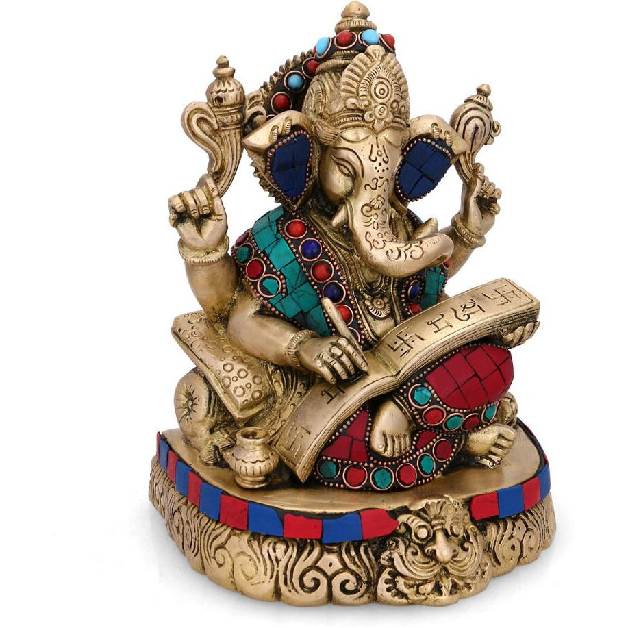 Collectible India Brass Shubh Labh Writing Ganesh Idol, 8 Inches Height, Multicolour