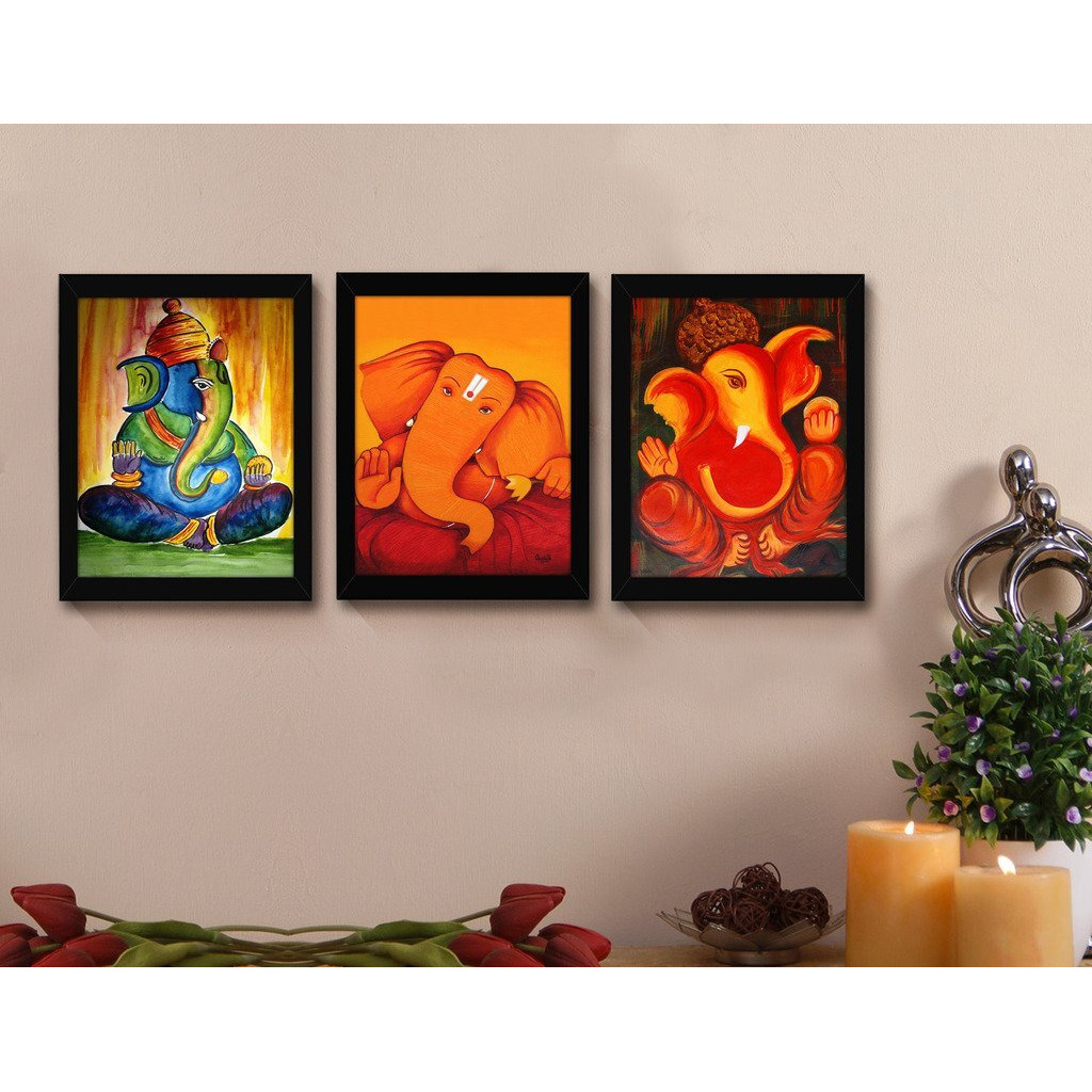 TIED RIBBONS Ganesh Painting for Wall Decoration Paintings with frame Set of 3 (13.6 inch X 10.2 inch) for Living Room Pooja Room Home Decor Office Bedroom Decorative Gift Items