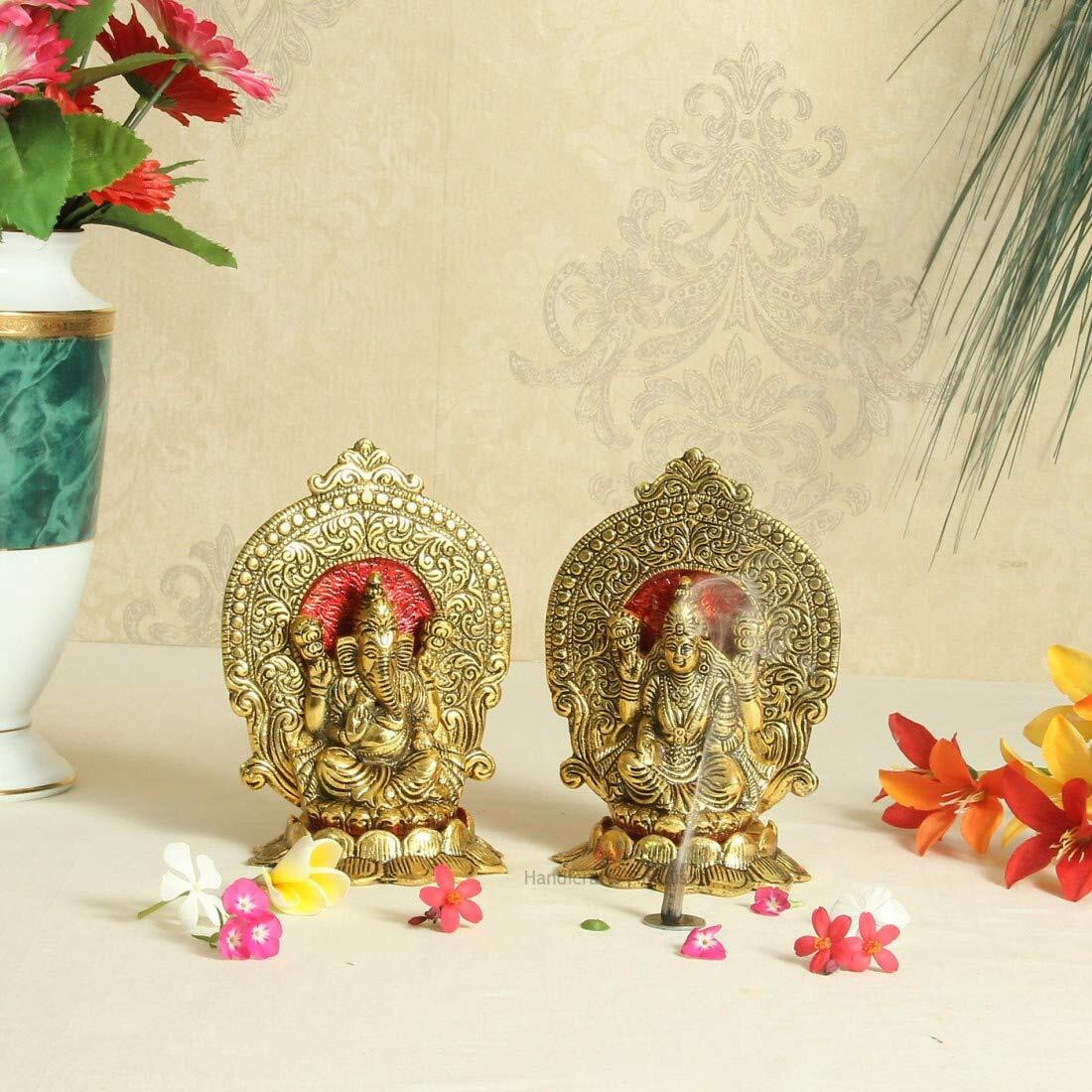 Handicrafts Paradise Metal Lakshmi Ganesh Showpiece with Beautiful Carving Around It Seated On Lotus 6.25 Inch