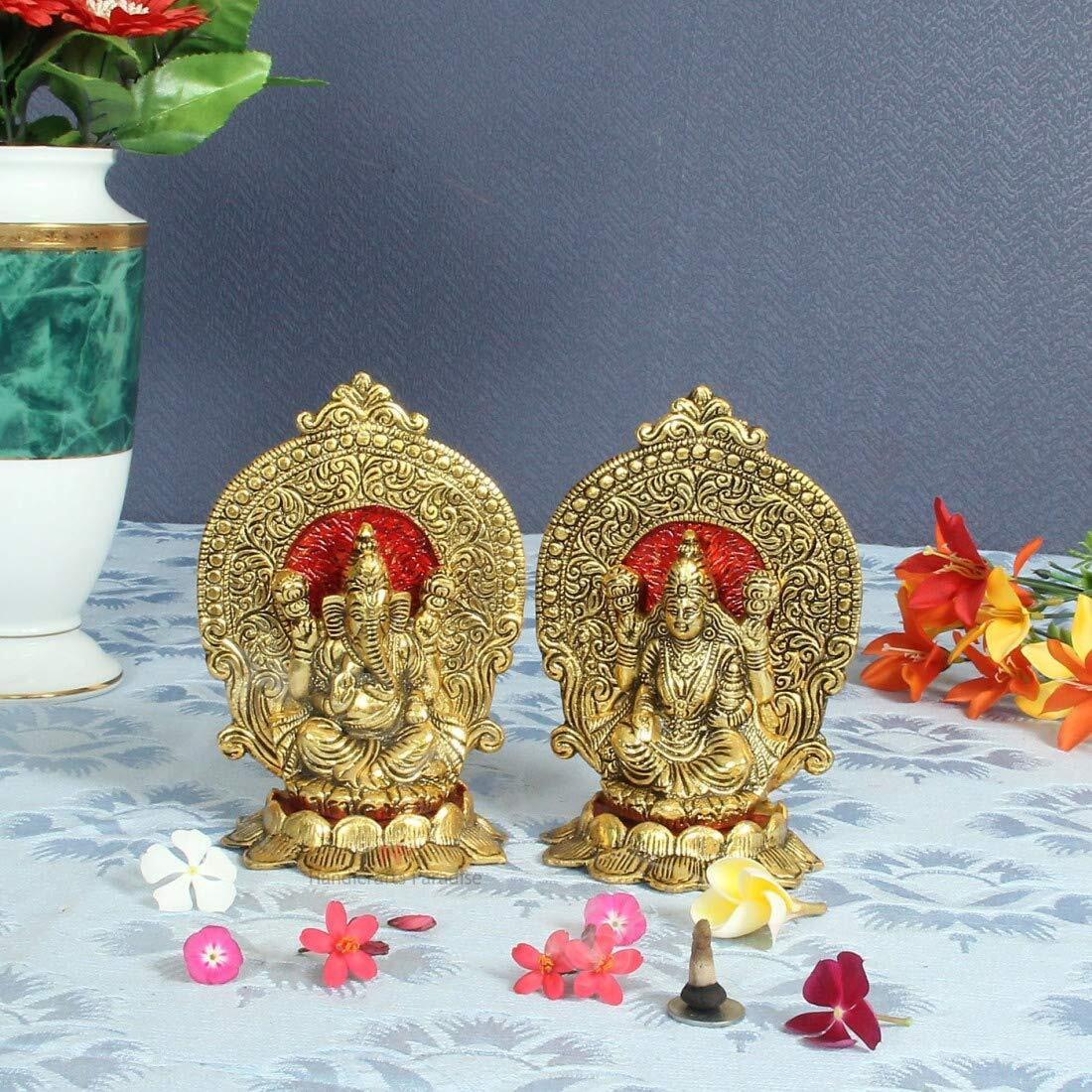 Handicrafts Paradise Metal Lakshmi Ganesh Showpiece with Beautiful Carving Around It Seated On Lotus 6.25 Inch