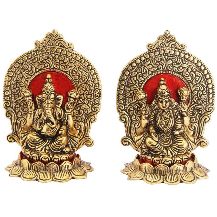 Handicrafts Paradise Metal Lakshmi Ganesh Showpiece with Beautiful Carving Around It Seated On Lotus 6.25 Inch