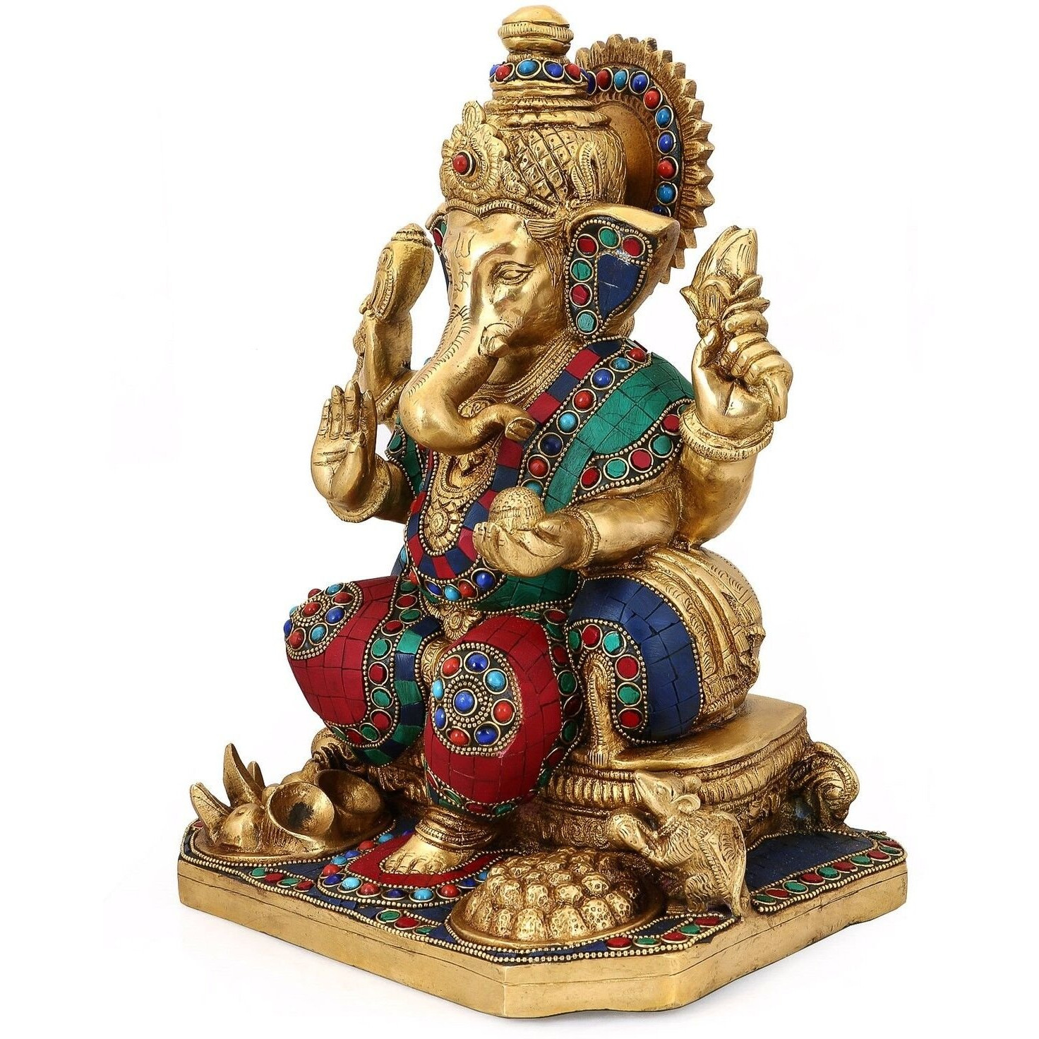 Collectible India 13 Large Ganesh Idol Lord Brass Statue Turquoise Handcarved Colorful Deity Elephant God Ganesha Vinayak Figurine Wedding Gifts