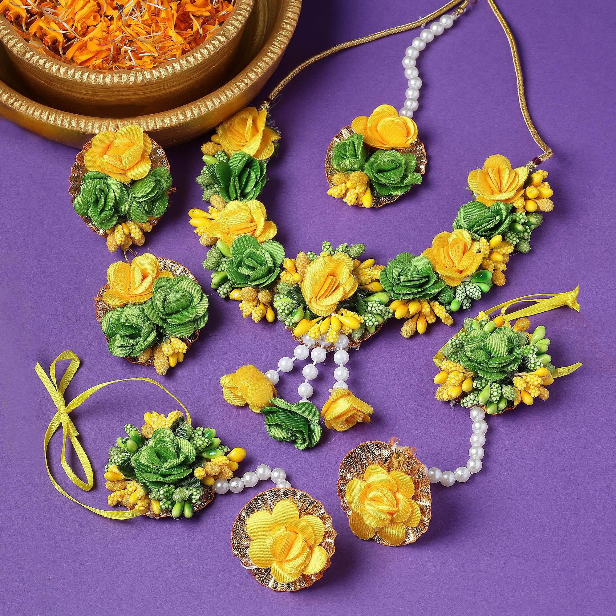 ZENEME White Pearl Beaded Gota Patti Floral Beaded Haldi & Mehendi Necklace With Earrings, Maang Tikka & Bracelet Jewellery Set For Girls and Women (Lime Green & Yellow)