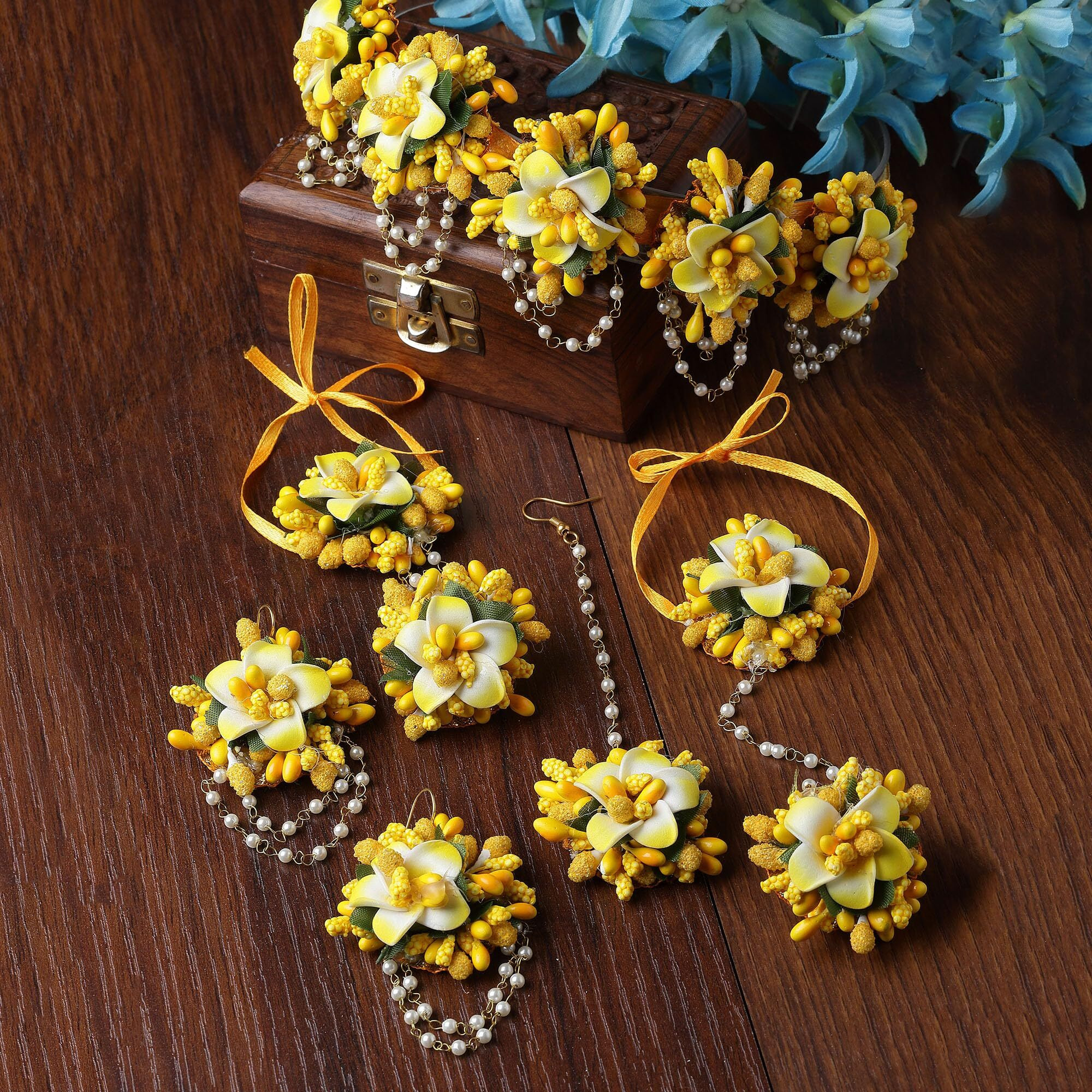 ZENEME White Pearl Beaded Gota Patti Floral Beaded Haldi & Mehendi Necklace With Earrings, Maang Tikka & Bracelet Jewellery Set For Girls and Women (Yellow)
