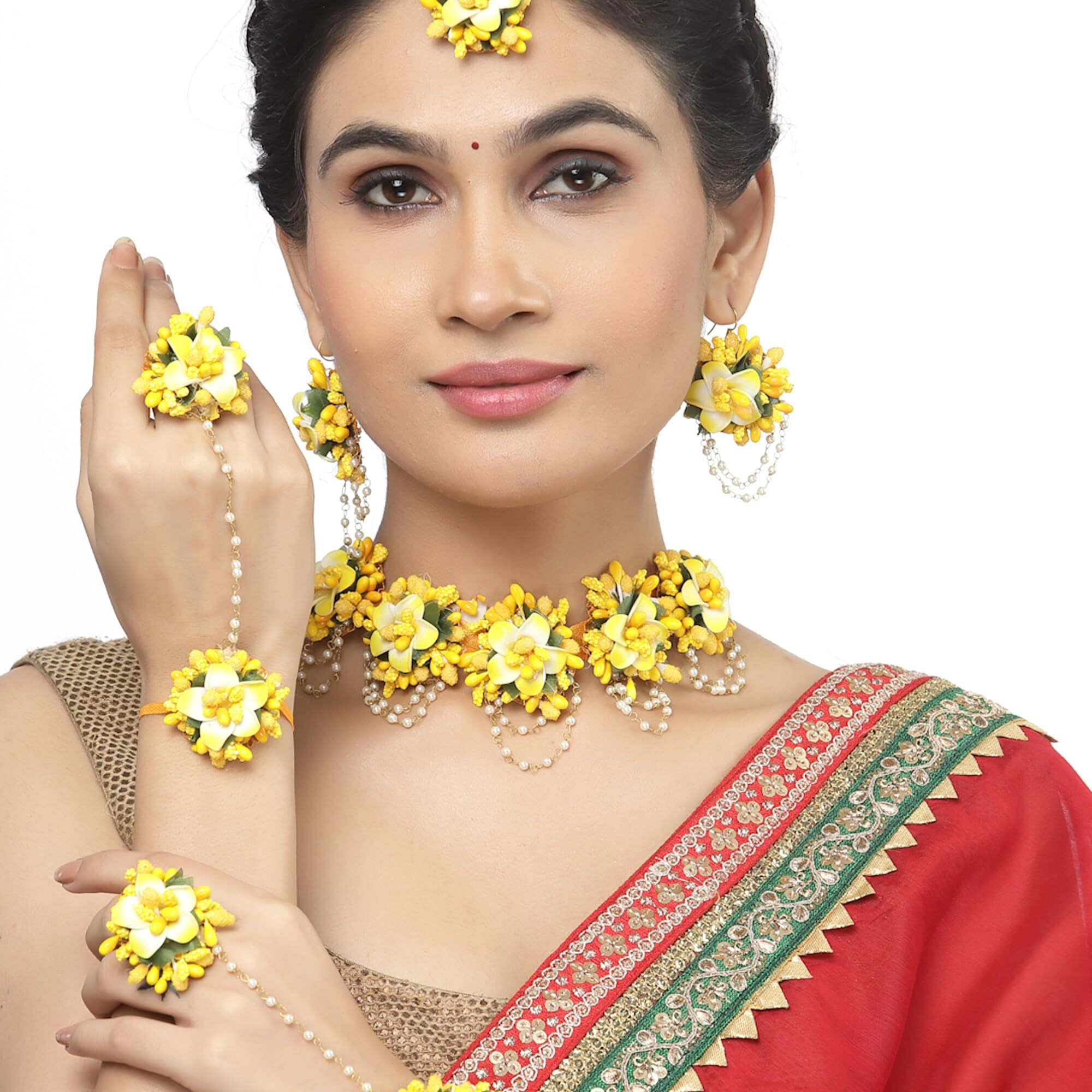 ZENEME White Pearl Beaded Gota Patti Floral Beaded Haldi & Mehendi Necklace With Earrings, Maang Tikka & Bracelet Jewellery Set For Girls and Women (Yellow)
