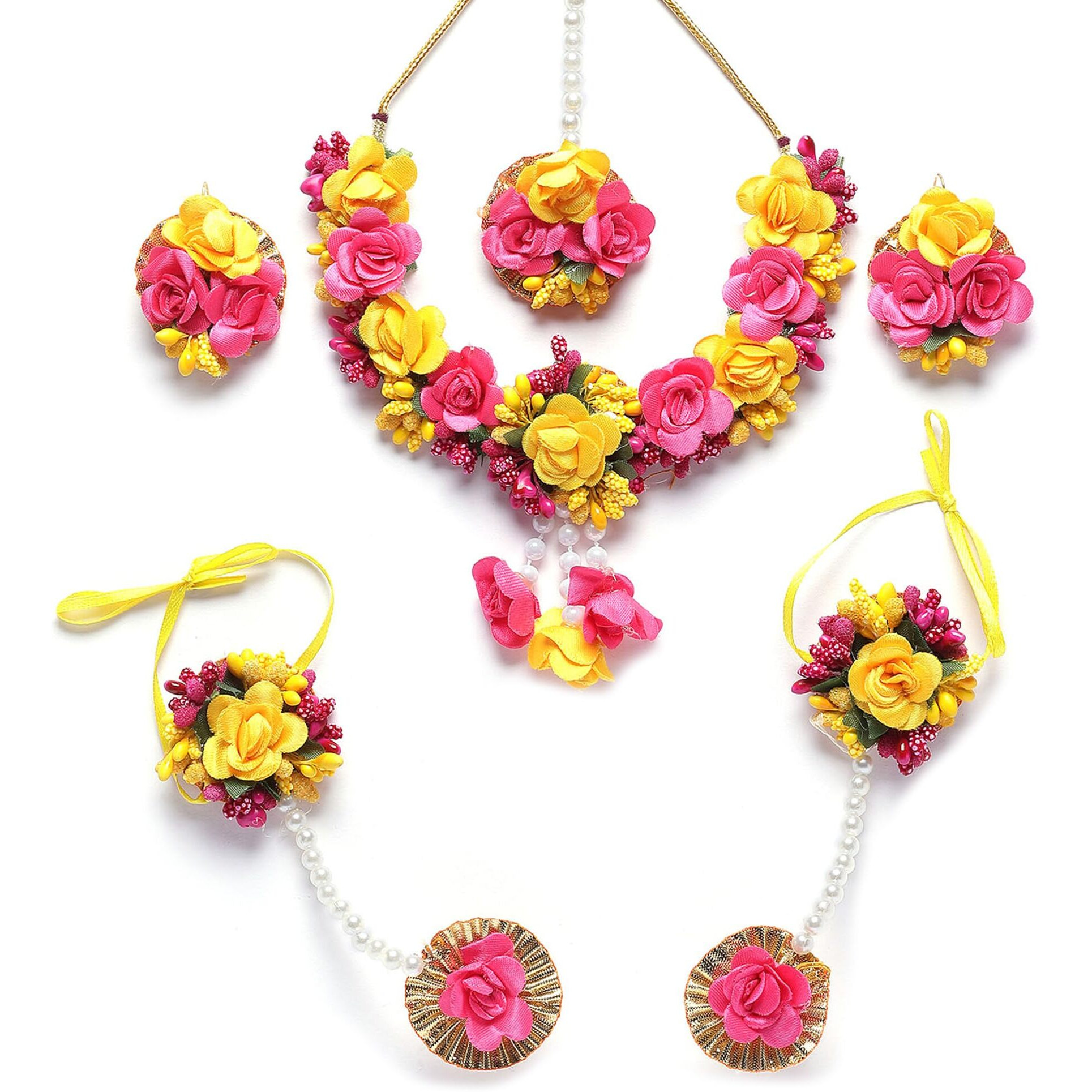 ZENEME White Pearl Beaded Gota Patti Floral Beaded Haldi & Mehendi Necklace With Earrings, Maang Tikka & Bracelet Jewellery Set For Girls and Women (Red-Pink-Yellow)