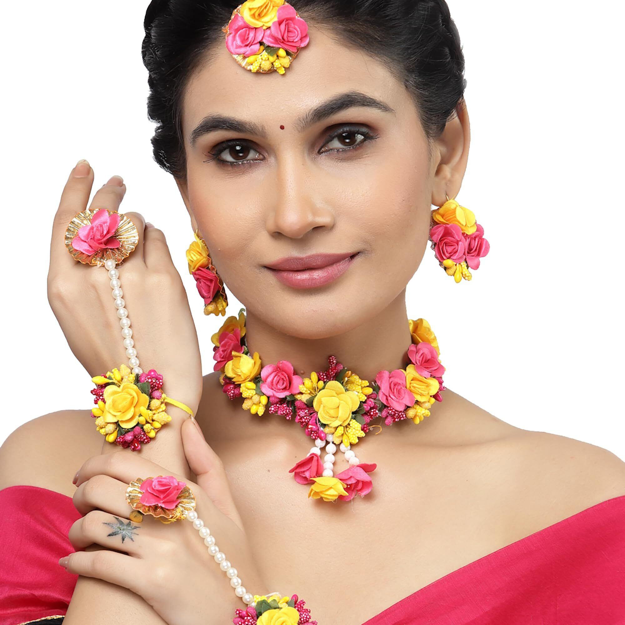 ZENEME White Pearl Beaded Gota Patti Floral Beaded Haldi & Mehendi Necklace With Earrings, Maang Tikka & Bracelet Jewellery Set For Girls and Women (Red-Pink-Yellow)