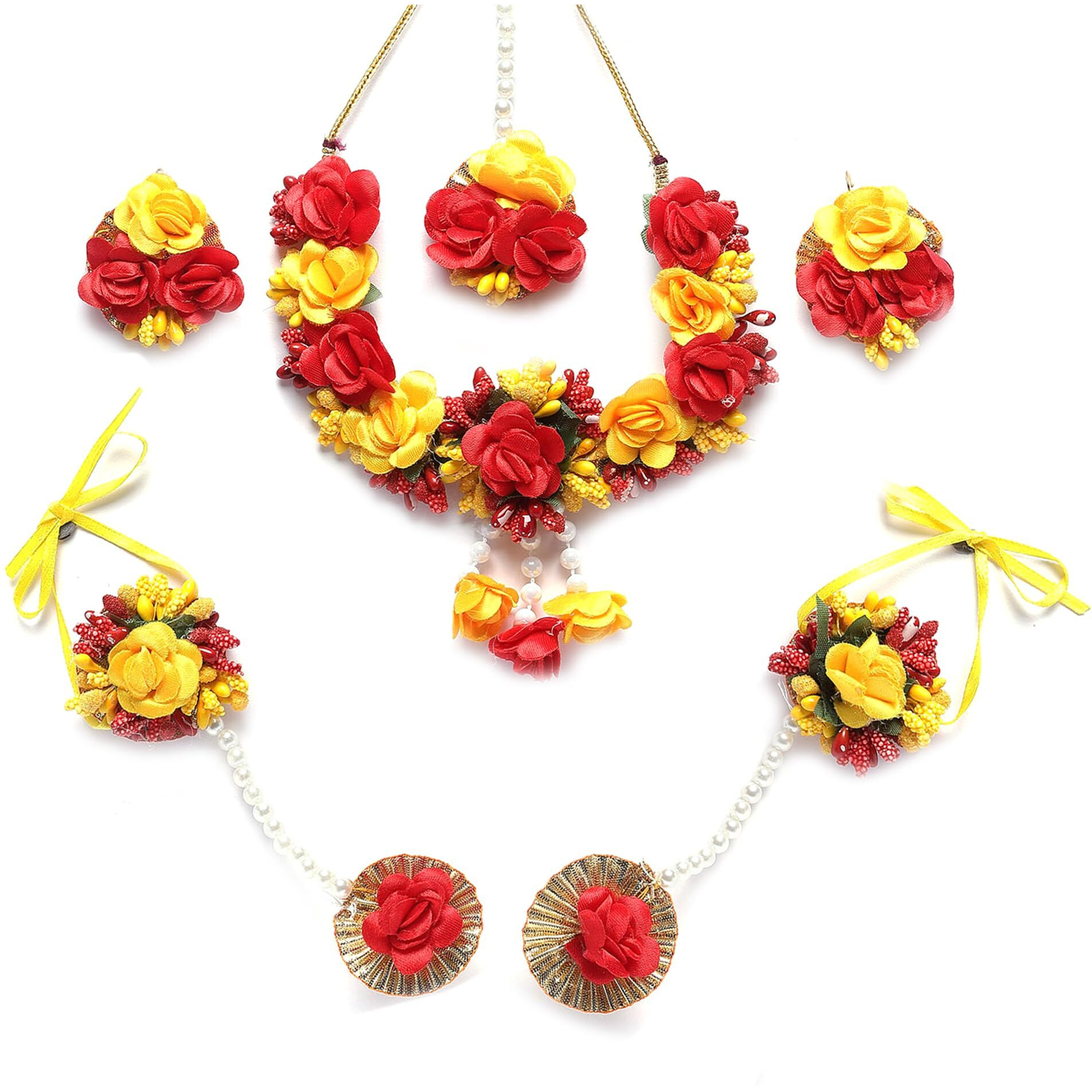 ZENEME White Pearl Beaded Gota Patti Floral Beaded Haldi & Mehendi Necklace With Earrings, Maang Tikka & Bracelet Jewellery Set For Girls and Women (Red & Yellow)