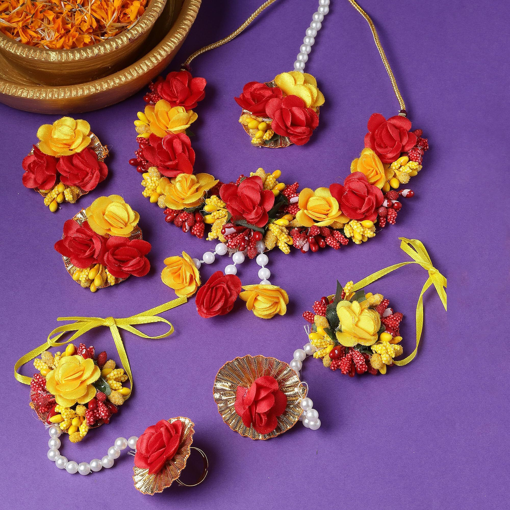 ZENEME White Pearl Beaded Gota Patti Floral Beaded Haldi & Mehendi Necklace With Earrings, Maang Tikka & Bracelet Jewellery Set For Girls and Women (Red & Yellow)