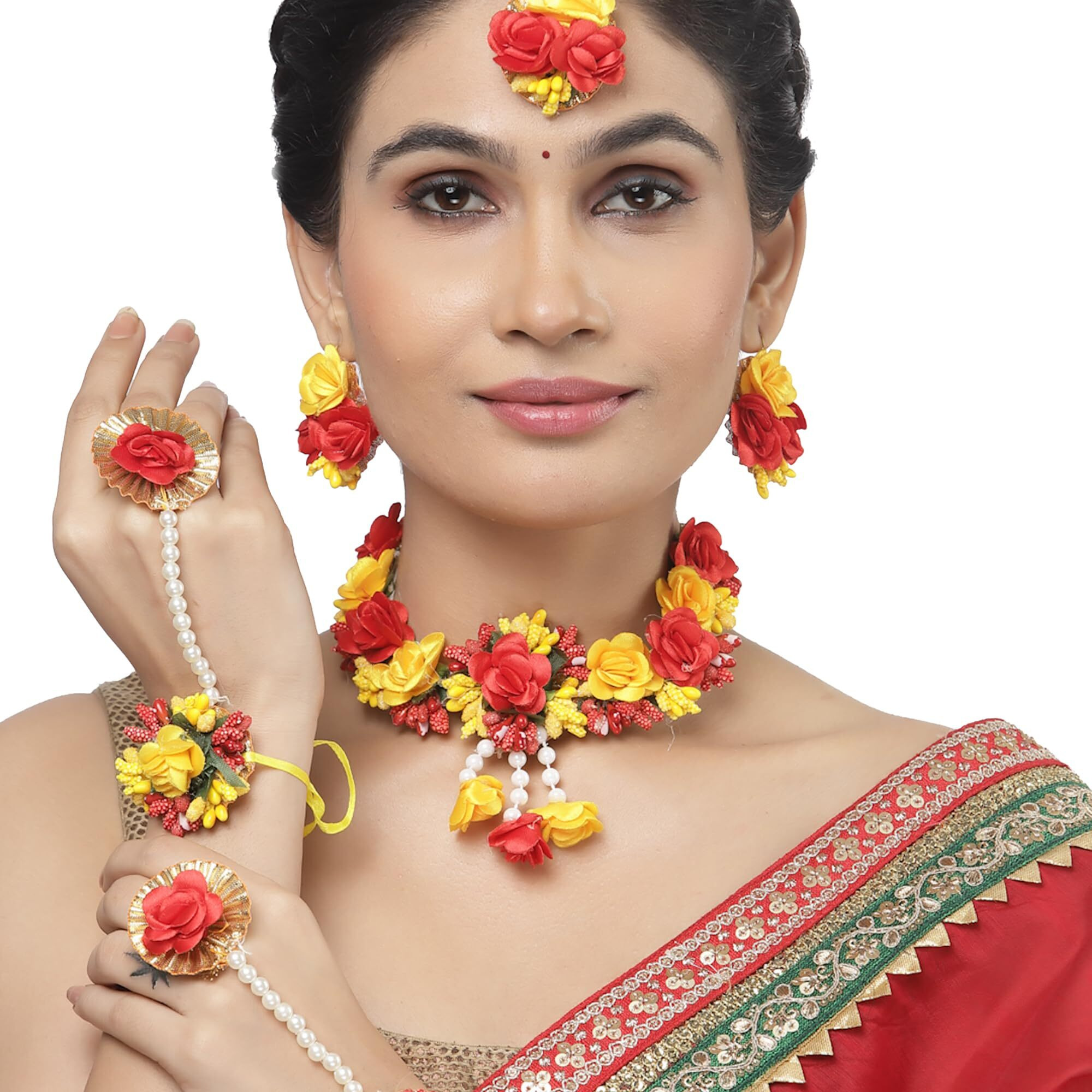 ZENEME White Pearl Beaded Gota Patti Floral Beaded Haldi & Mehendi Necklace With Earrings, Maang Tikka & Bracelet Jewellery Set For Girls and Women (Red & Yellow)