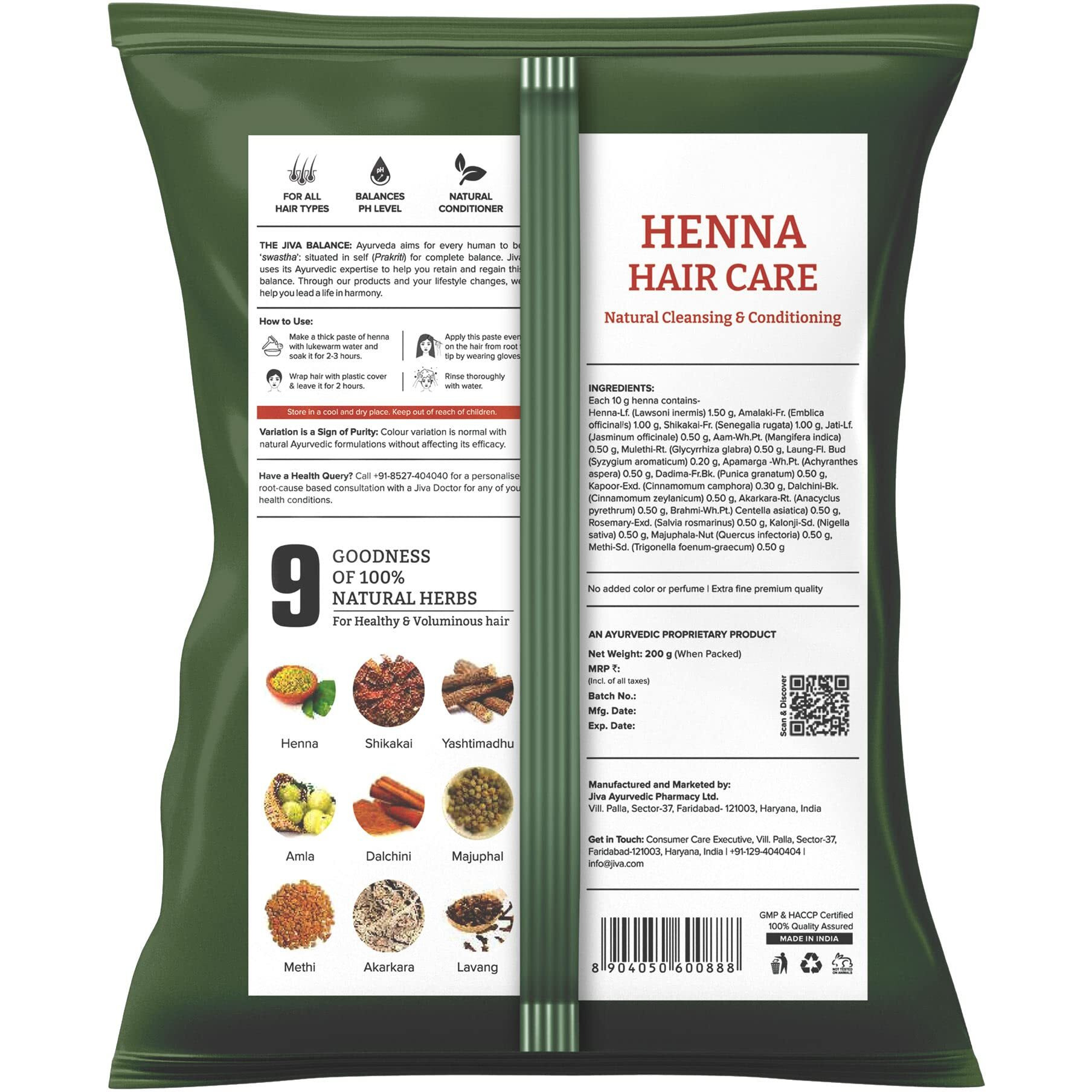 Jiva Henna Hair Care Powder - 200 gm (Pack of 4) | Mehendi for hair | Natural Solution for Long, Healthy and Strong Hair | Control Hair Fall & Repairs Damaged Hair