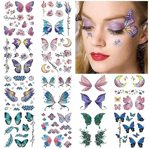 MAYCREATE Butterfly Tattoo Sticker 12 Sheets Kit, Face Mehendi Temporary Tattoos for Women Girls, Aesthetic Glitter Fake Tattoo Stickers for Face Arm Body, Freckle Tattoo Art for Rave Party