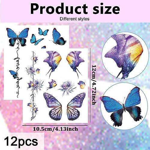 MAYCREATE Butterfly Tattoo Sticker 12 Sheets Kit, Face Mehendi Temporary Tattoos for Women Girls, Aesthetic Glitter Fake Tattoo Stickers for Face Arm Body, Freckle Tattoo Art for Rave Party