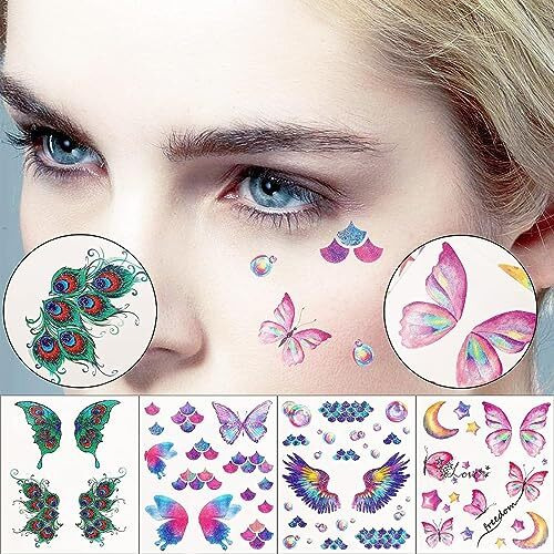 MAYCREATE Butterfly Tattoo Sticker 12 Sheets Kit, Face Mehendi Temporary Tattoos for Women Girls, Aesthetic Glitter Fake Tattoo Stickers for Face Arm Body, Freckle Tattoo Art for Rave Party