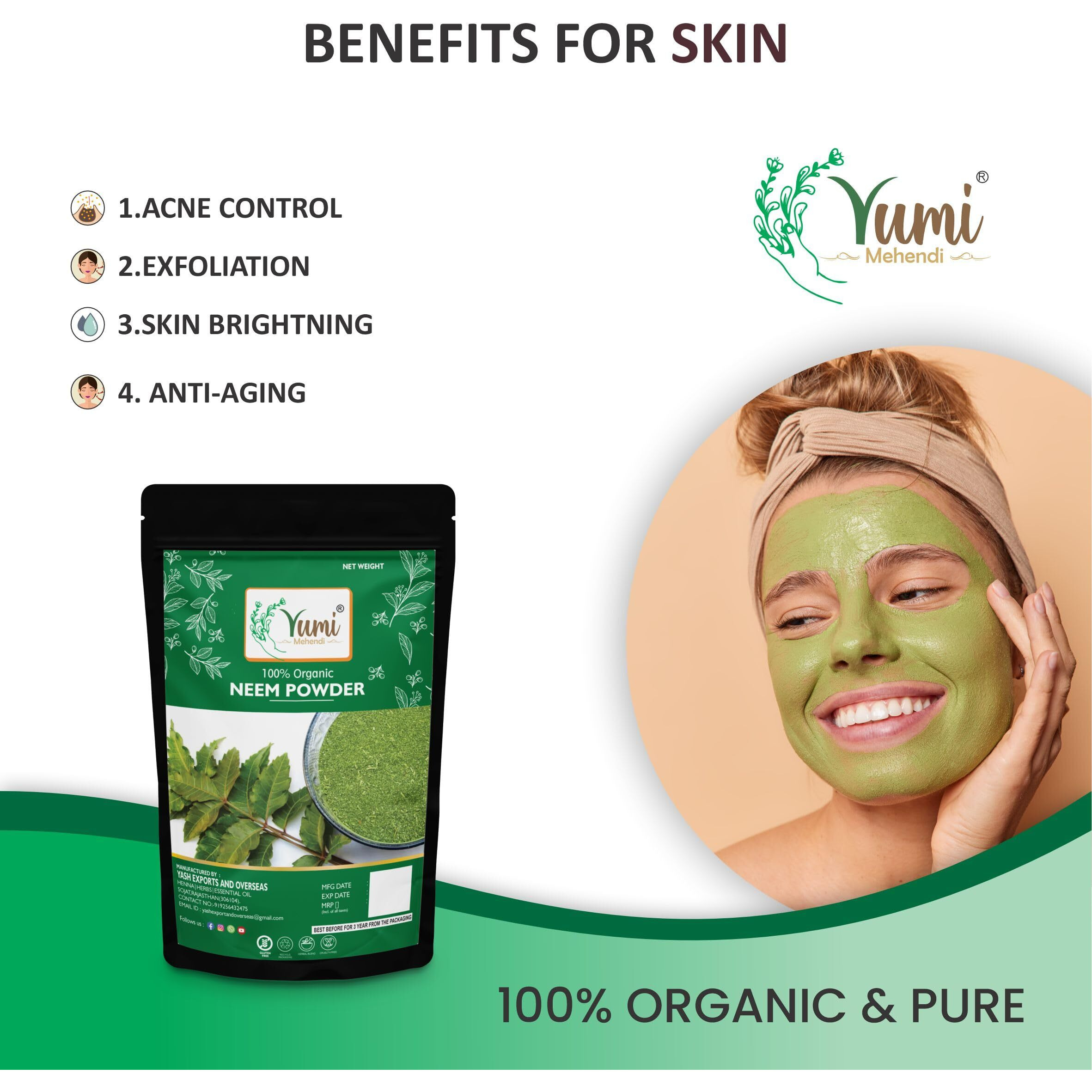 Yumi Mehendi Organic Natural Mulethi Powder For Face Pack, Hair Pack, Pure Fullers Earth For Soft and Glowing Skin, Bentonite Clay - 100g (Neem)