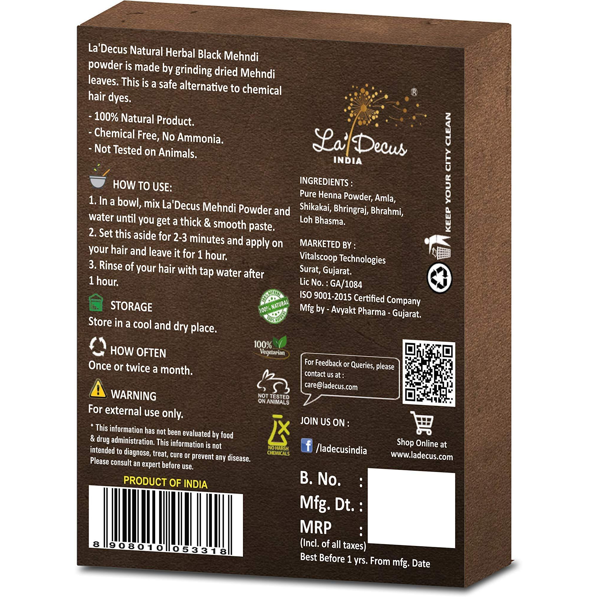 LaDecus INDIA Natural Herbal Organic Mehendi Powder for Hair with Medicinal Herbs (Black) - Pack of 2