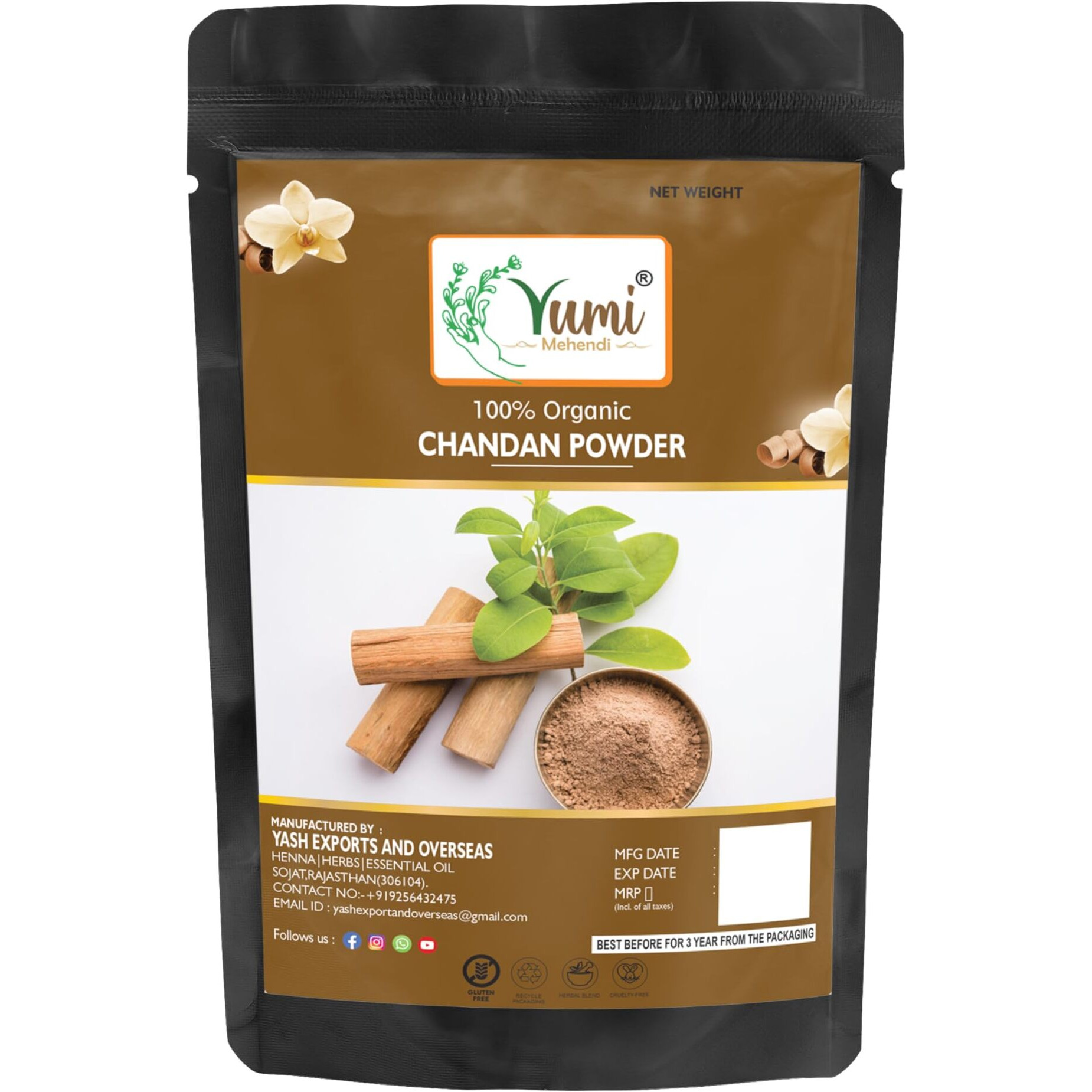 Yumi Mehendi Organic Natural Mulethi Powder For Face Pack, Hair Pack, Pure Fullers Earth For Soft and Glowing Skin, Bentonite Clay - 100g (Chandan)